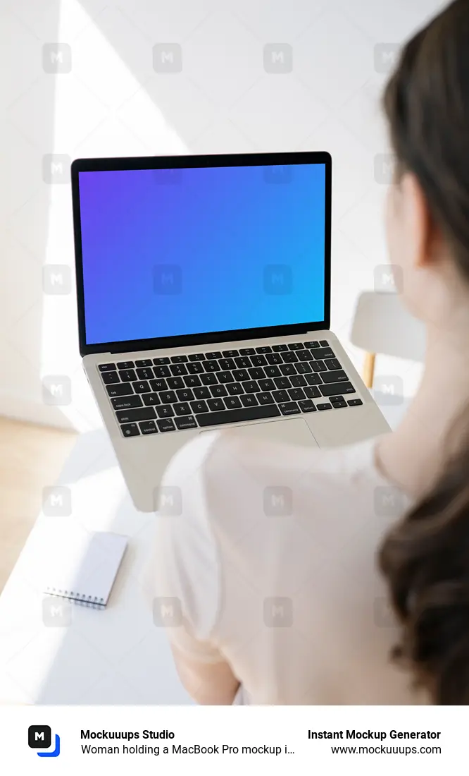 Woman holding a MacBook Pro mockup in a bright room