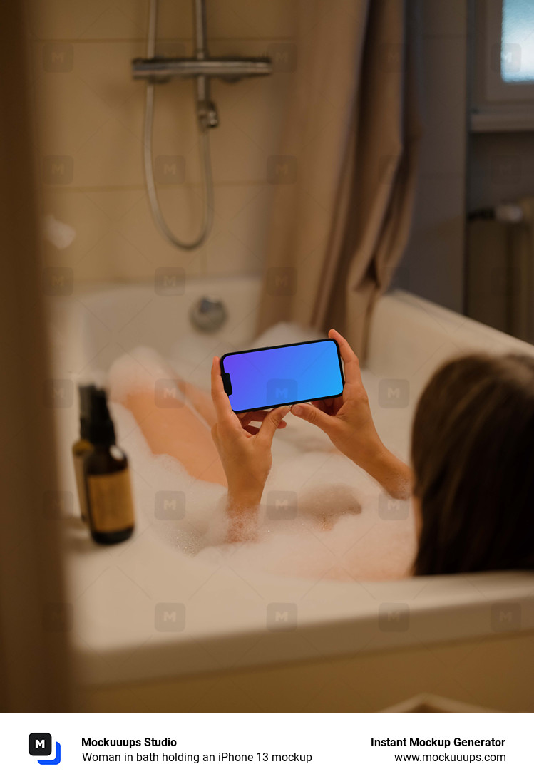 Woman in bath holding an iPhone 13 mockup
