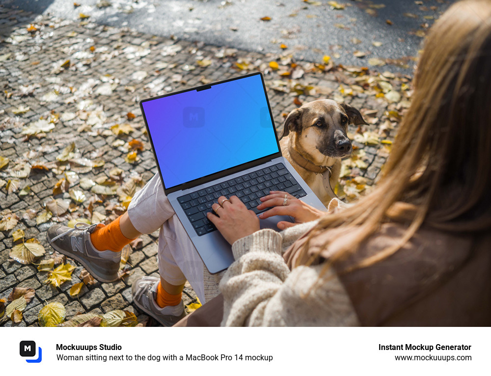Woman sitting next to the dog with a MacBook Pro 14 mockup