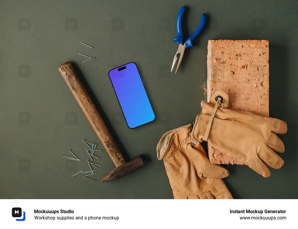 Workshop supplies and a phone mockup