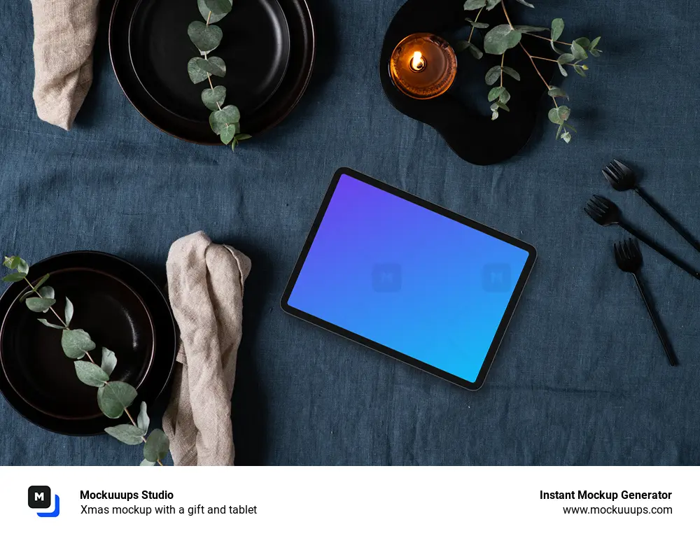 Xmas mockup with a gift and tablet