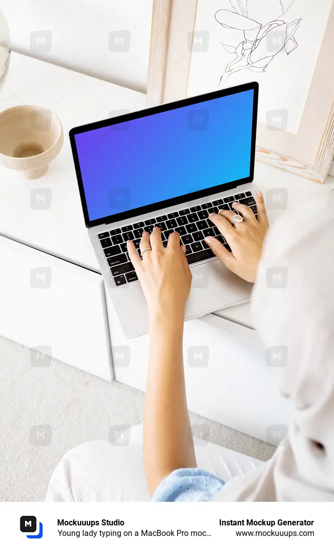 Young lady typing on a MacBook Pro mockup