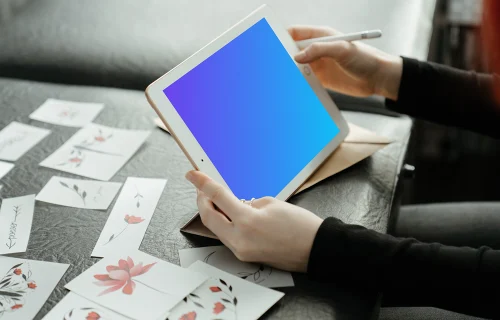 Tablet mockup held by a user with cards on a table