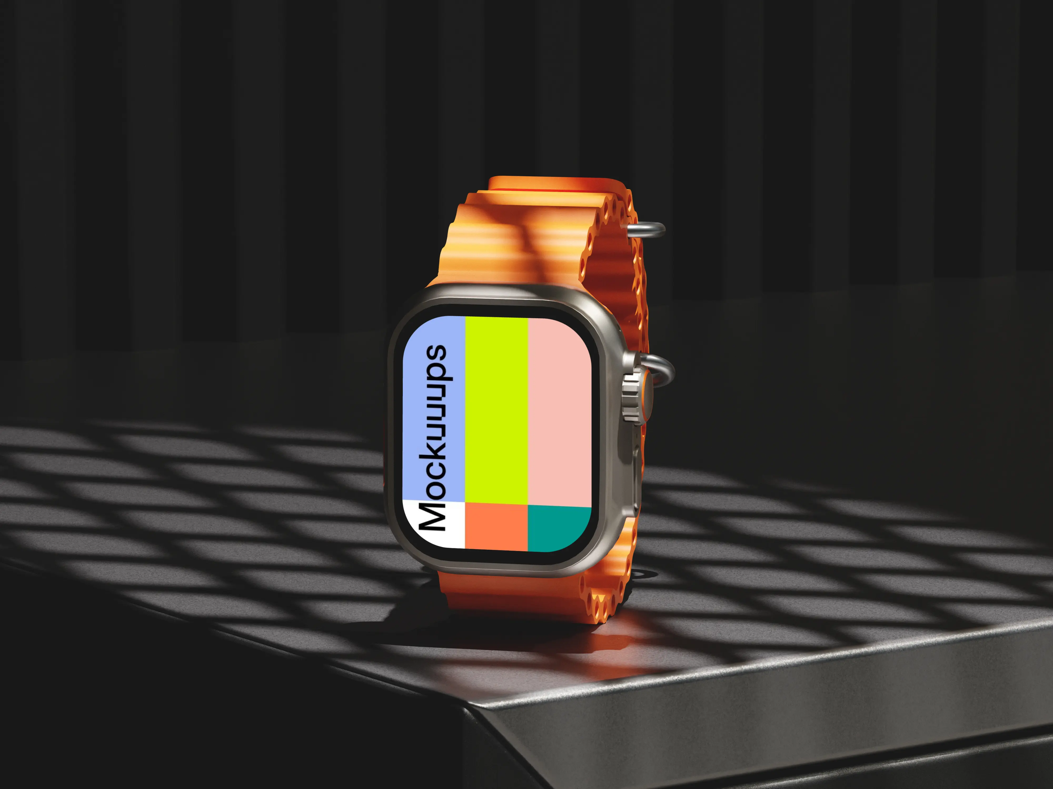 Apple Watch Ultra mockup with orange band on a modern surface