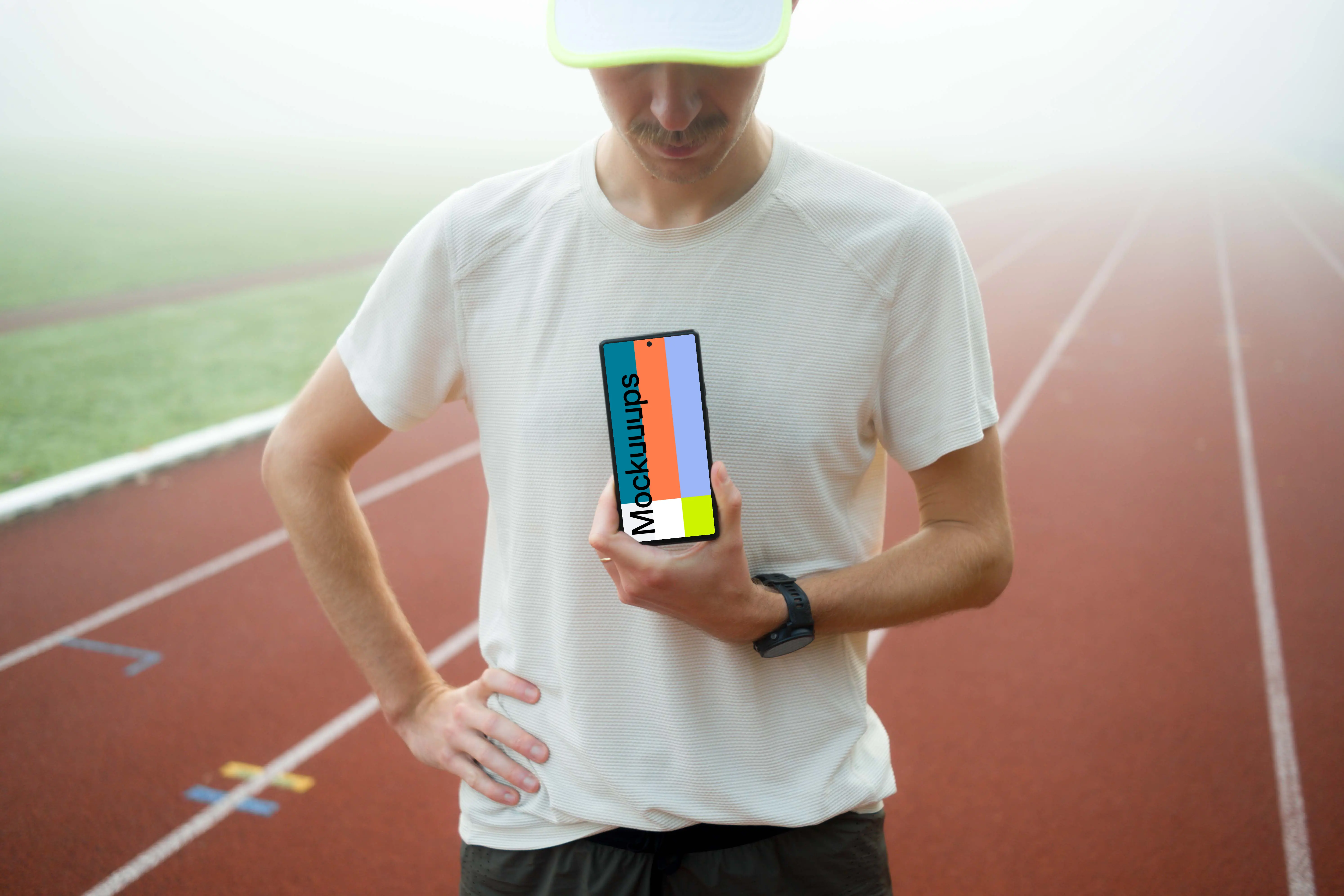Athlete holding a smartphone mockup