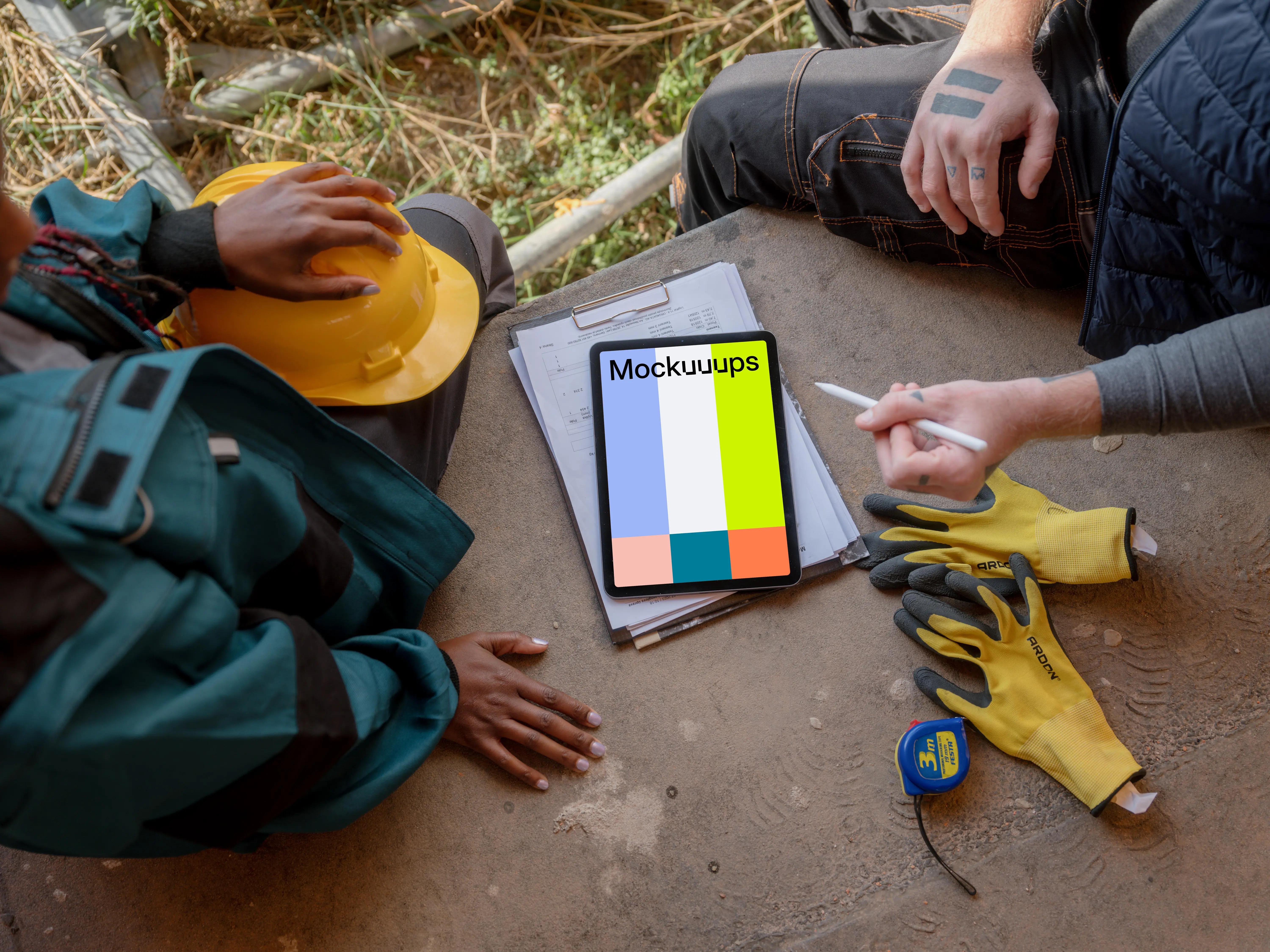 Construction workers using an iPad mockup