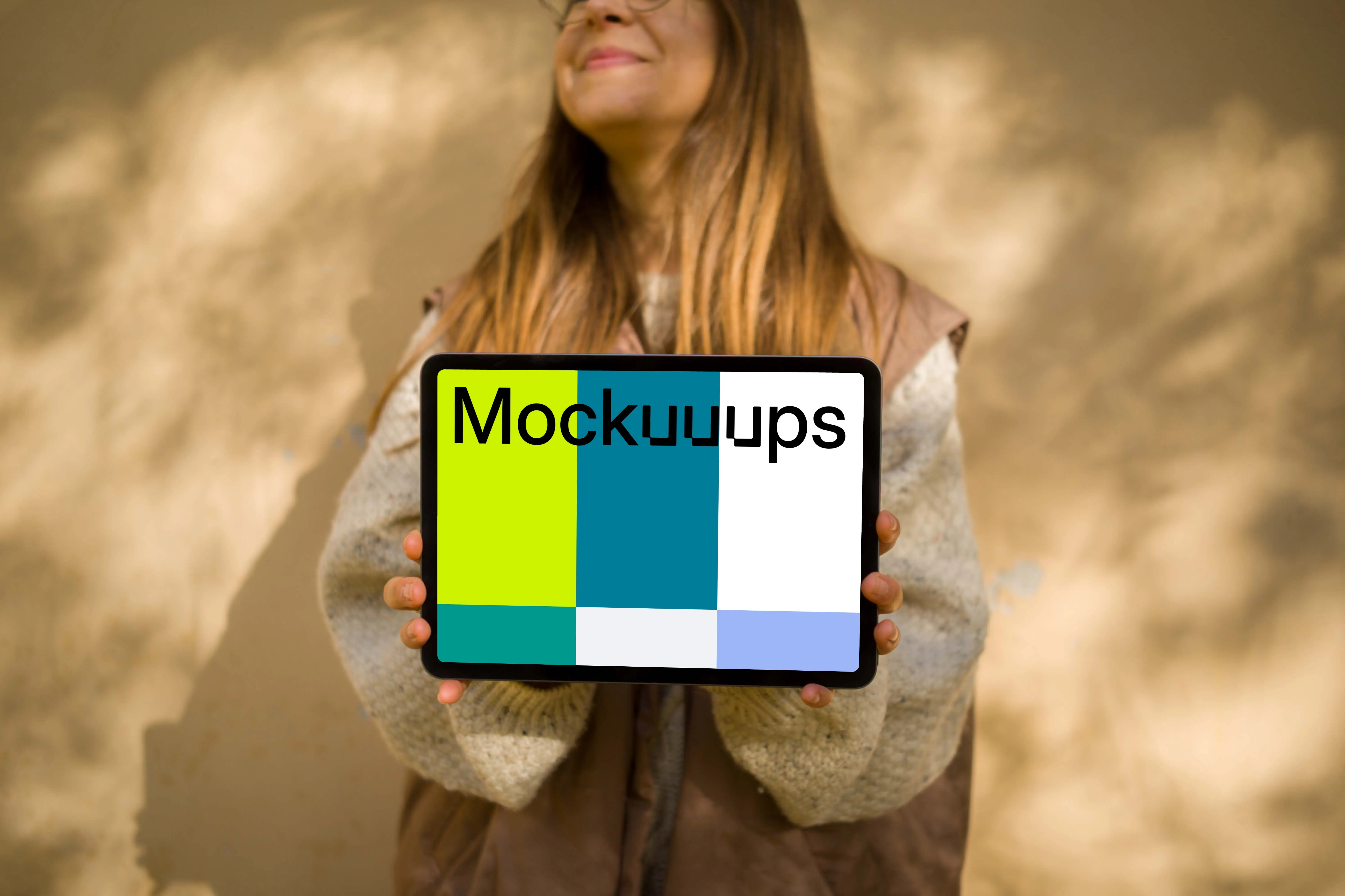 Female in an autumn vest holding an iPad Air mockup