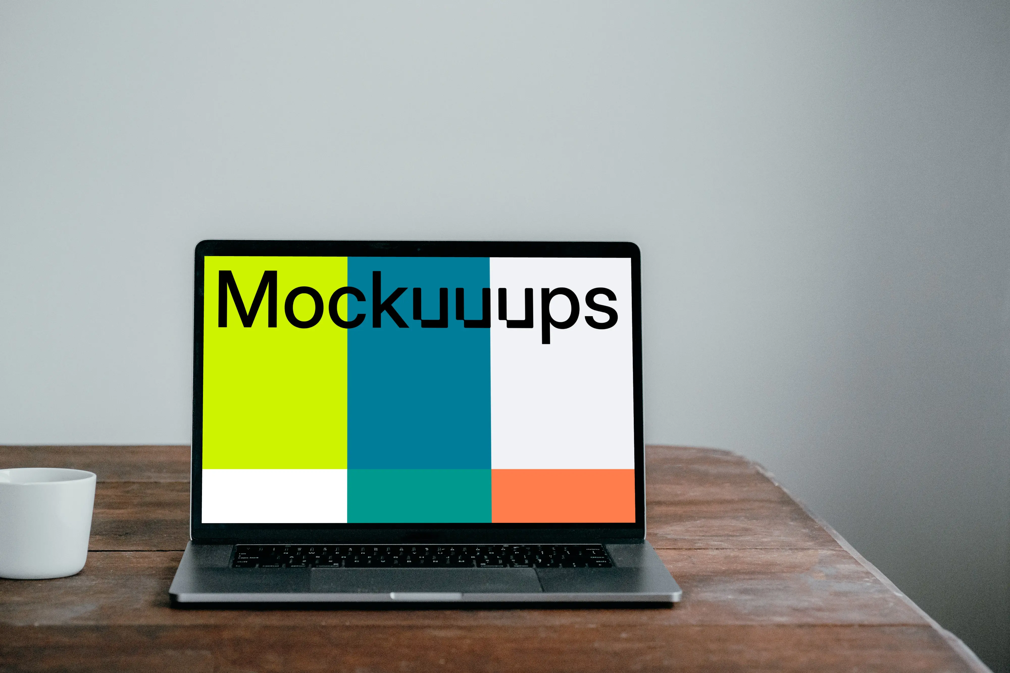 Front view of MacBook Pro mockup on a wooden table