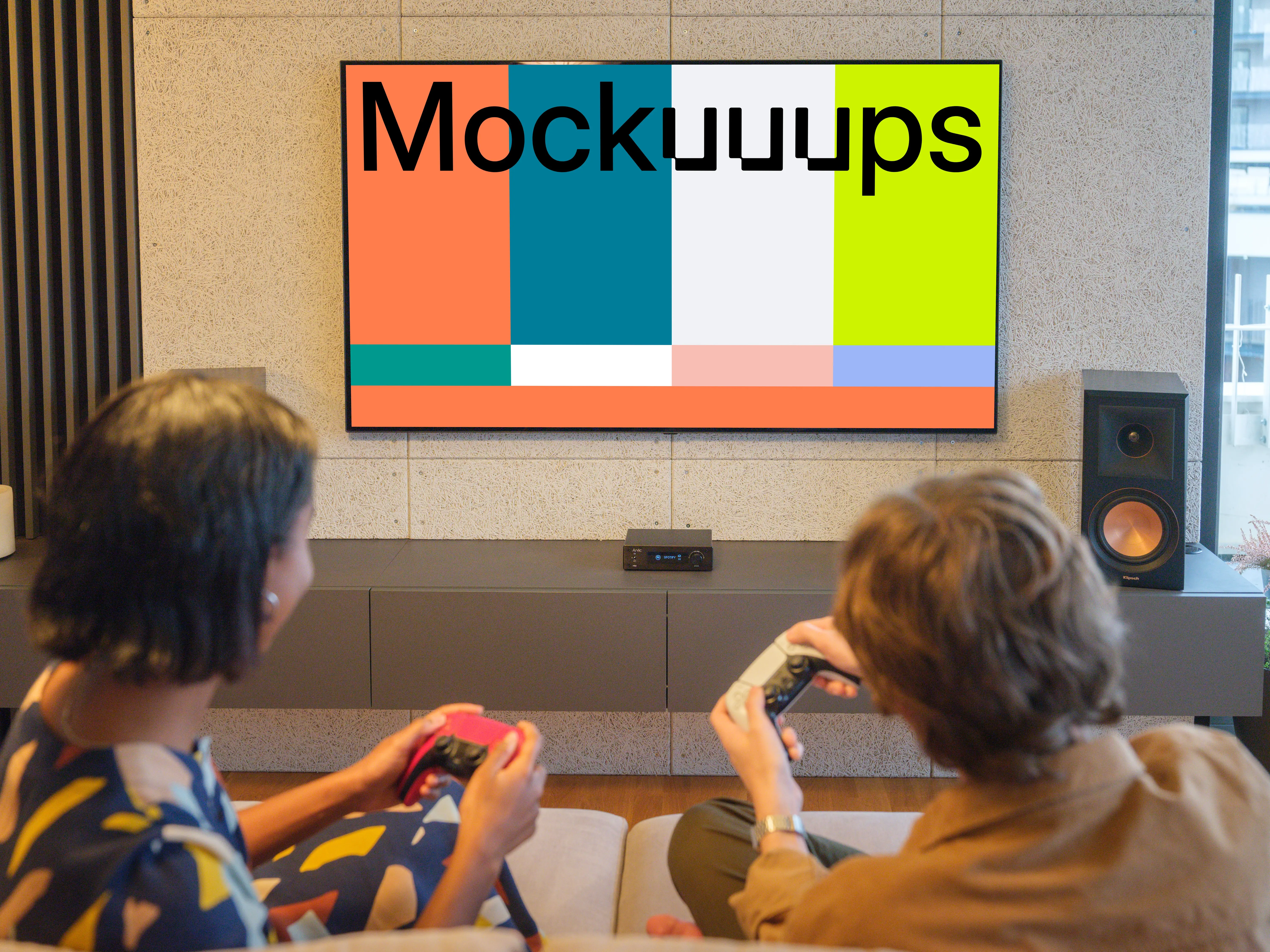 Gaming television mockup with players in modern living room