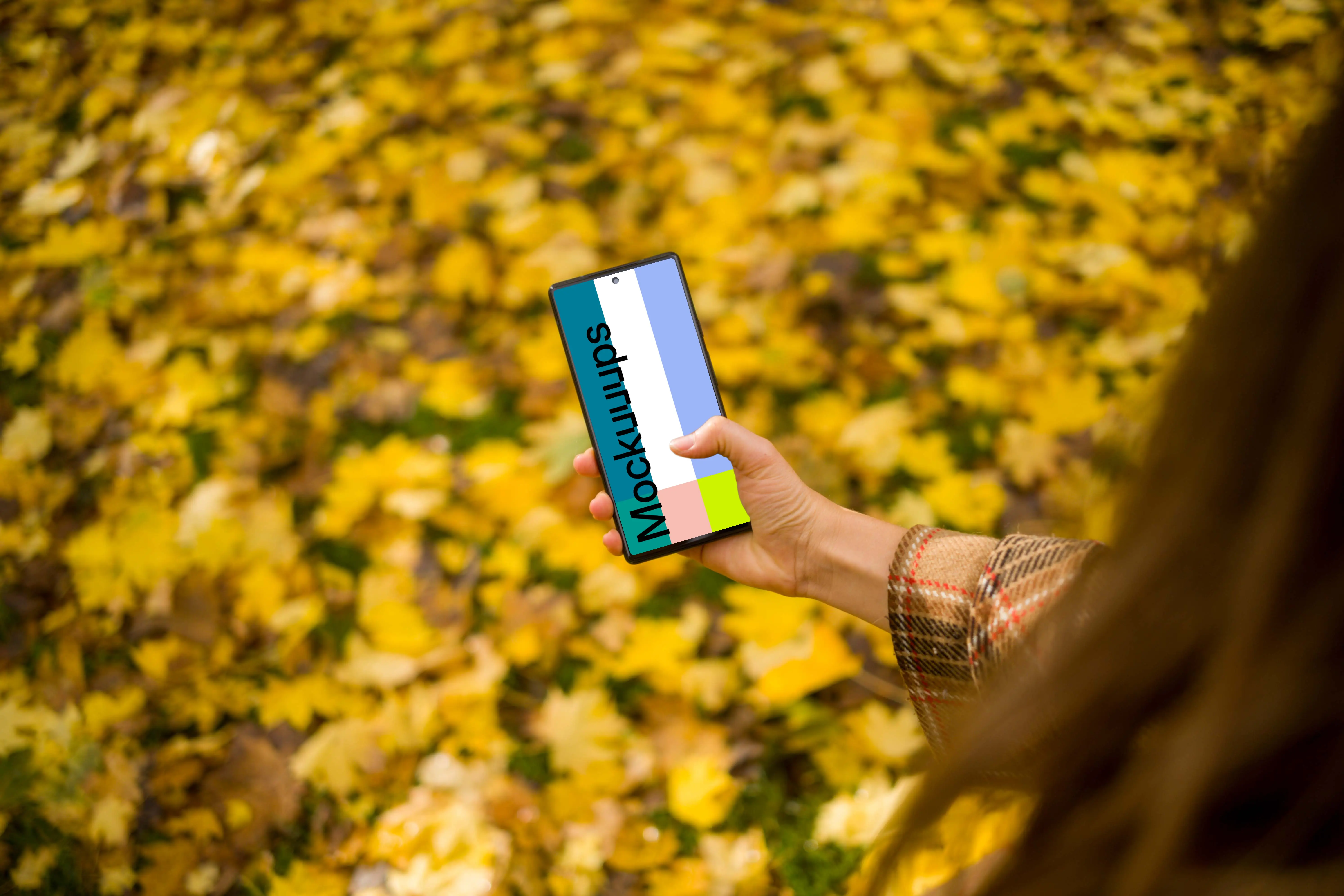 Hand scrolling on a Google Pixel 6 mockup in autumn theme