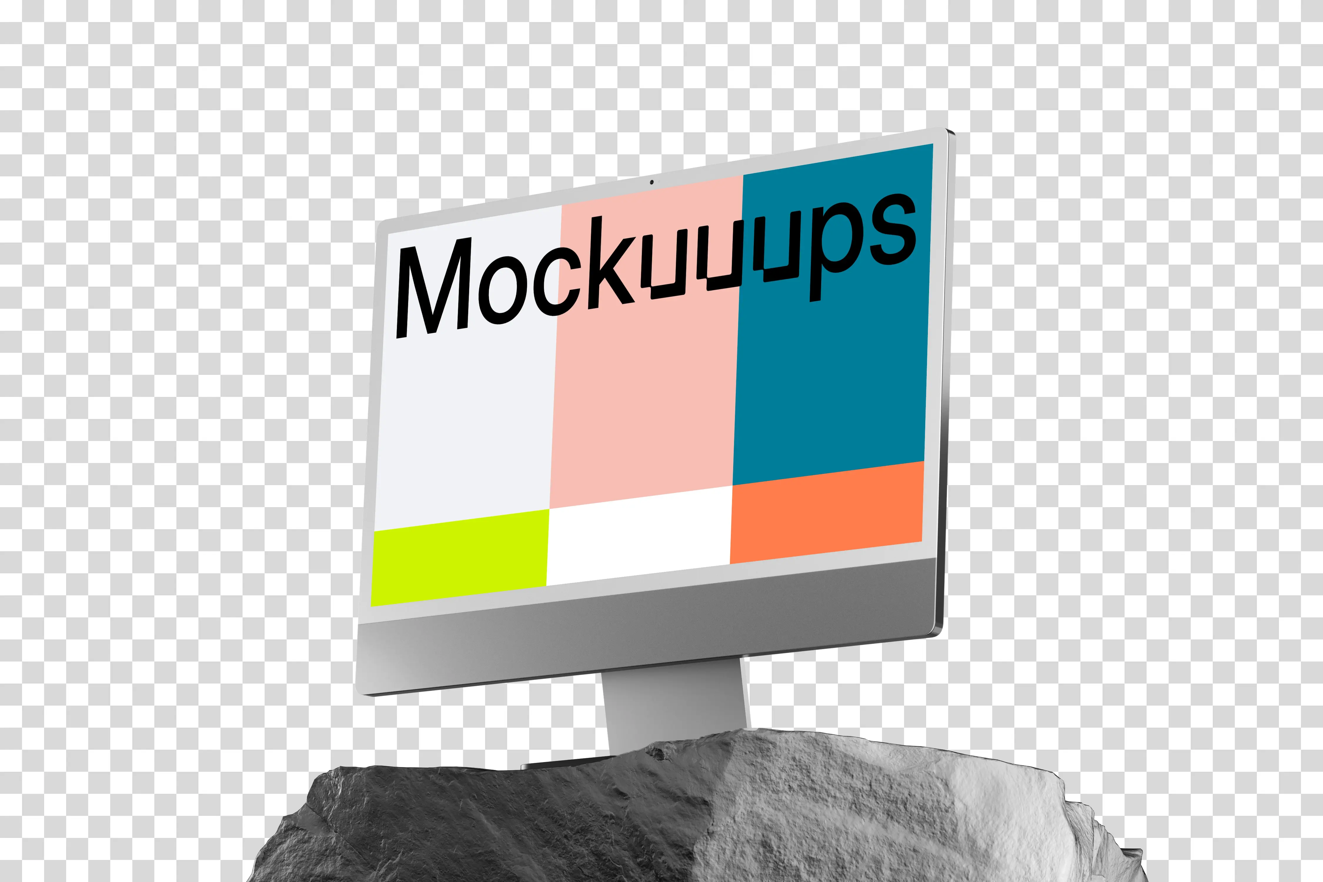 iMac 24 Mockup on a Textured Rock Base with Dramatic Lighting