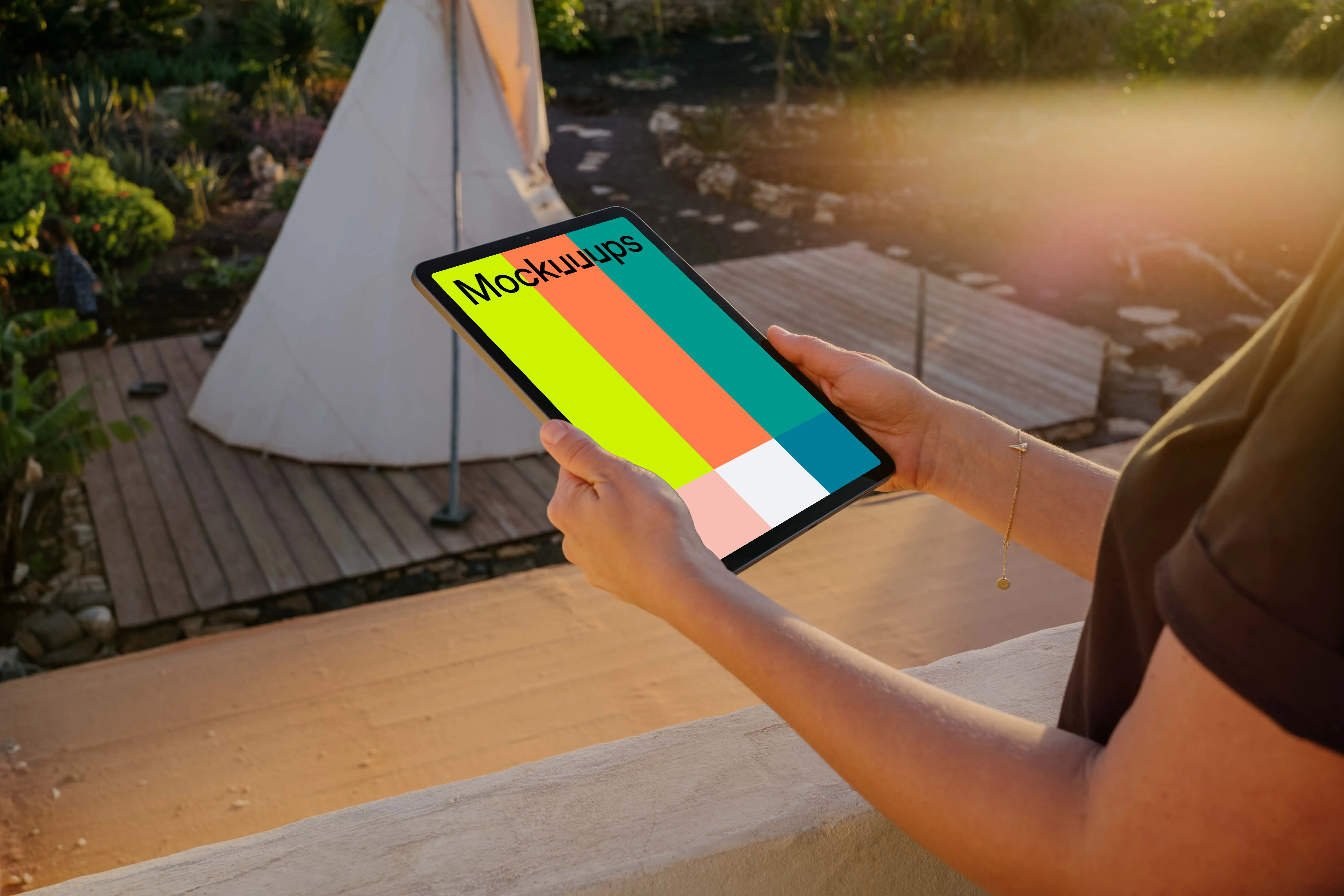 iPad Air mockup held by a female user