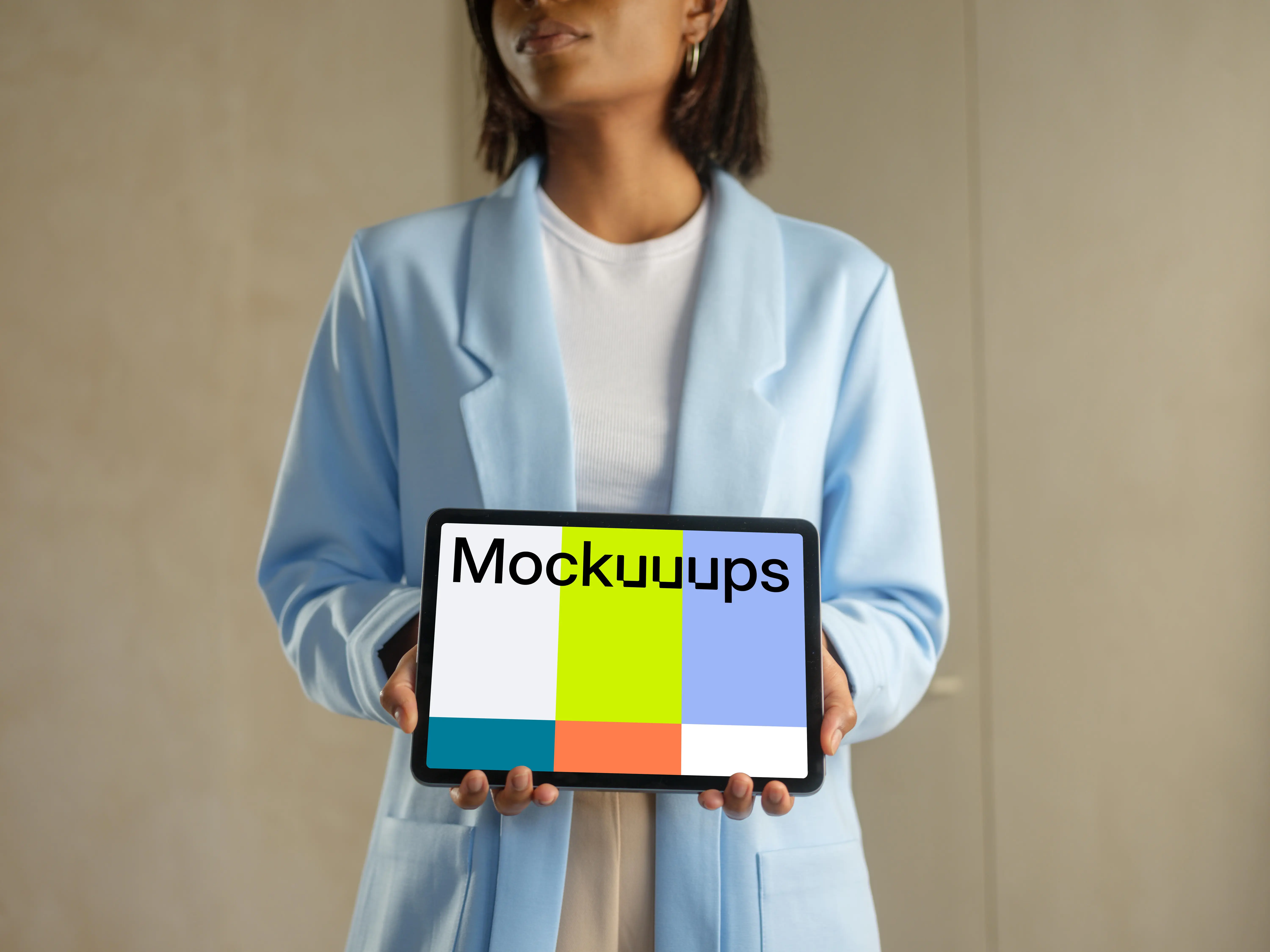 iPad Air mockup held by woman in professional attire