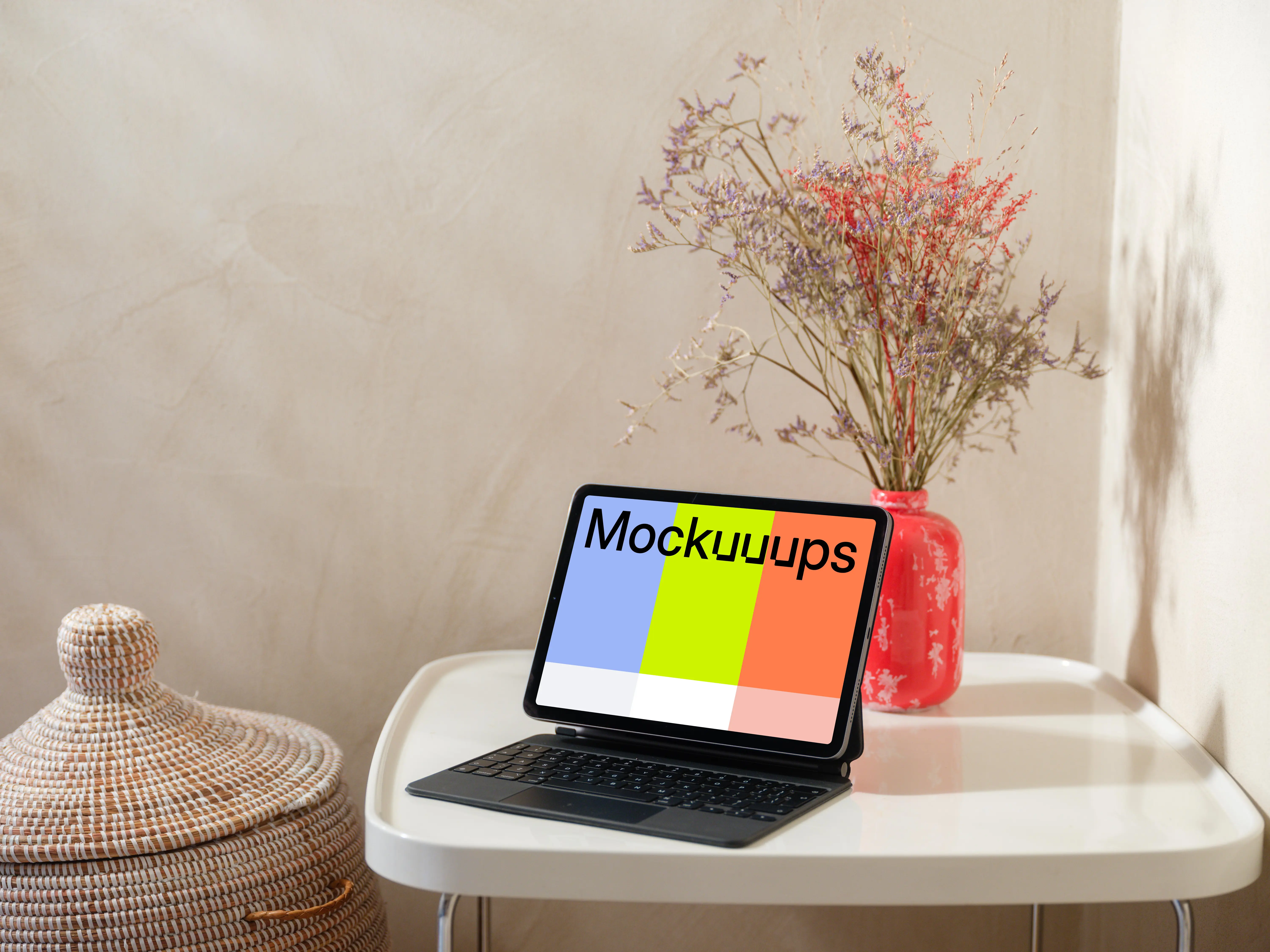 iPad Air mockup on a cozy home table with a decorative vase