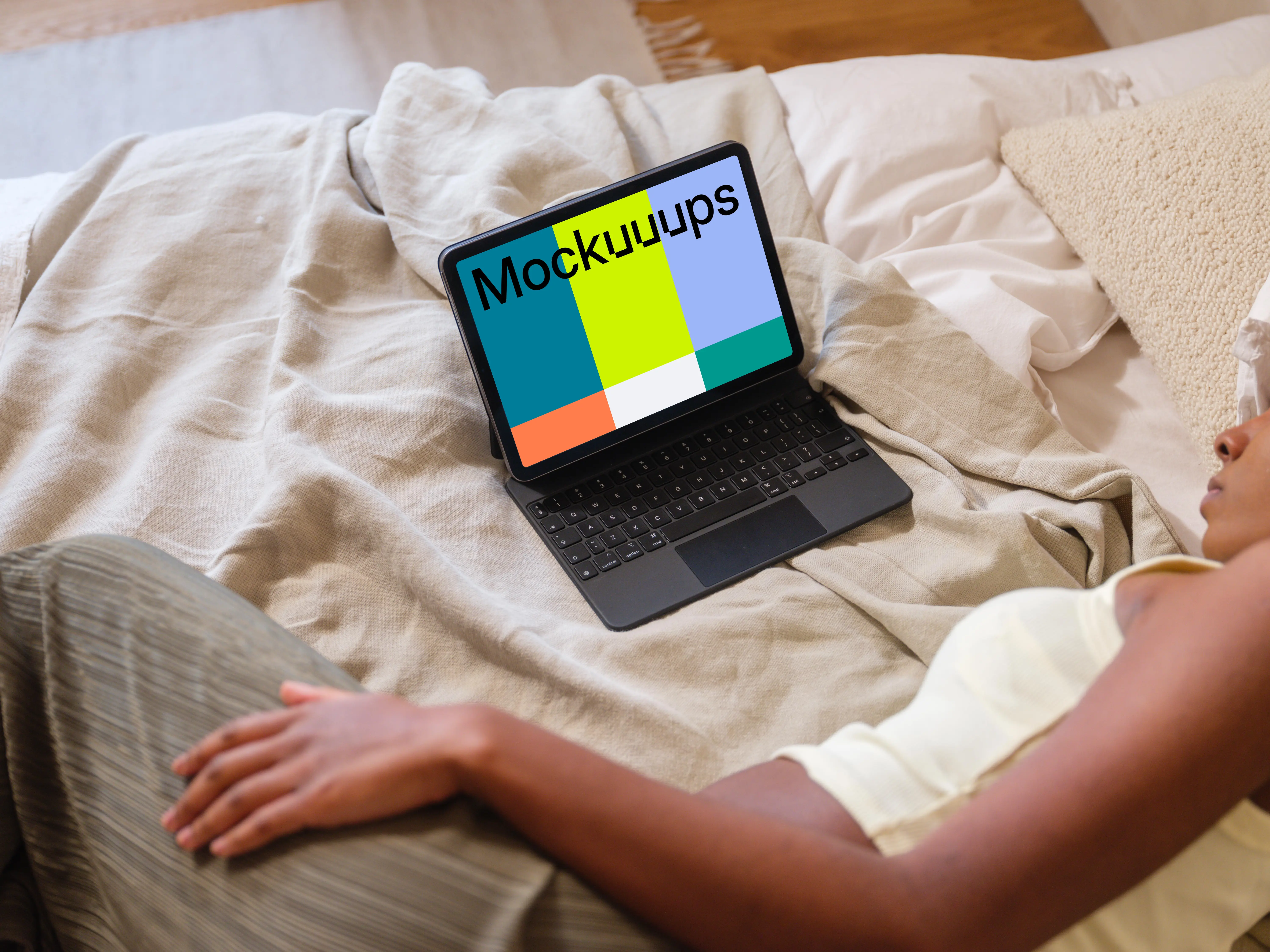 iPad Air mockup on cozy home bedding