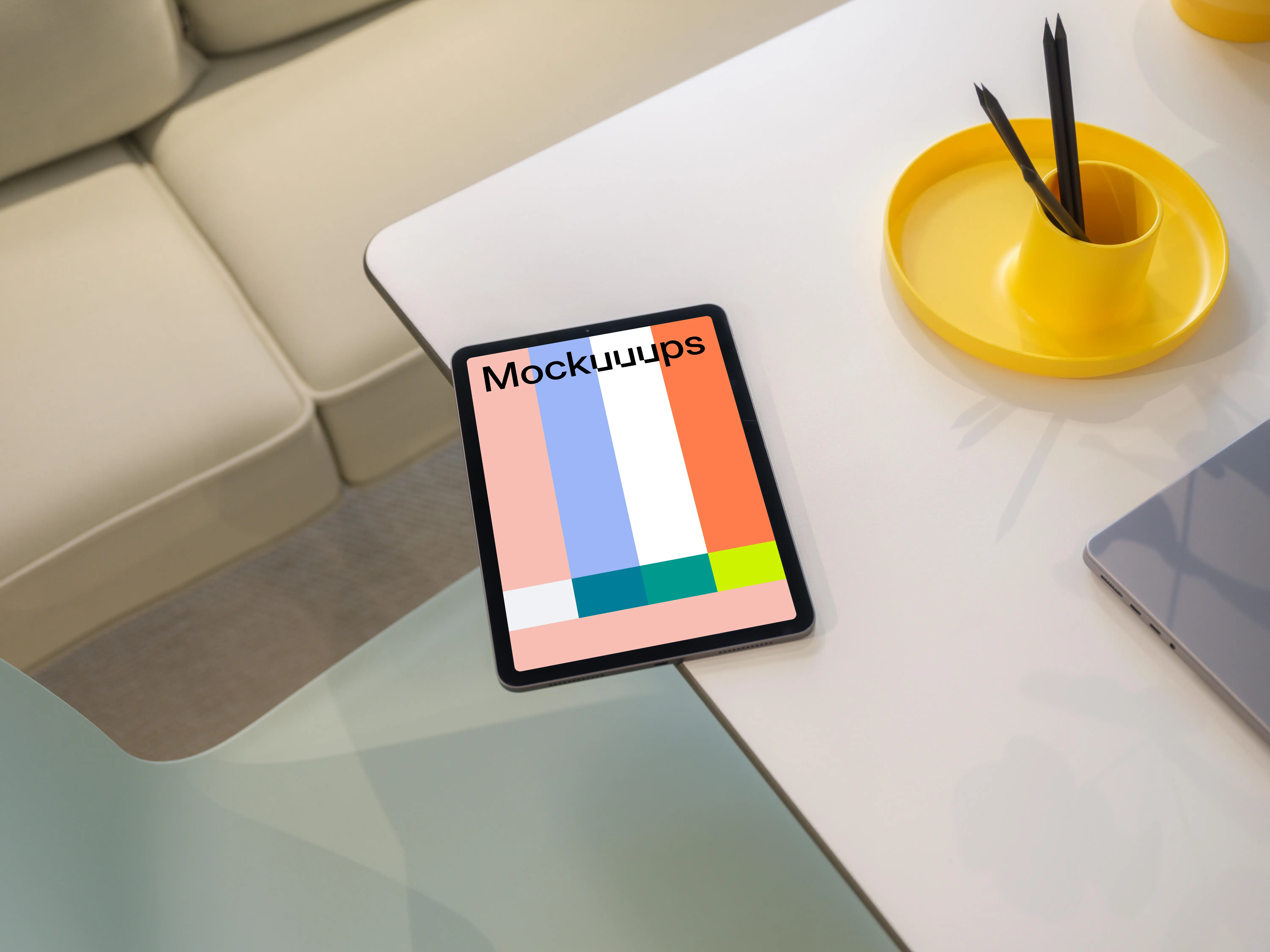 iPad Air mockup on modern glass table with creative accessories