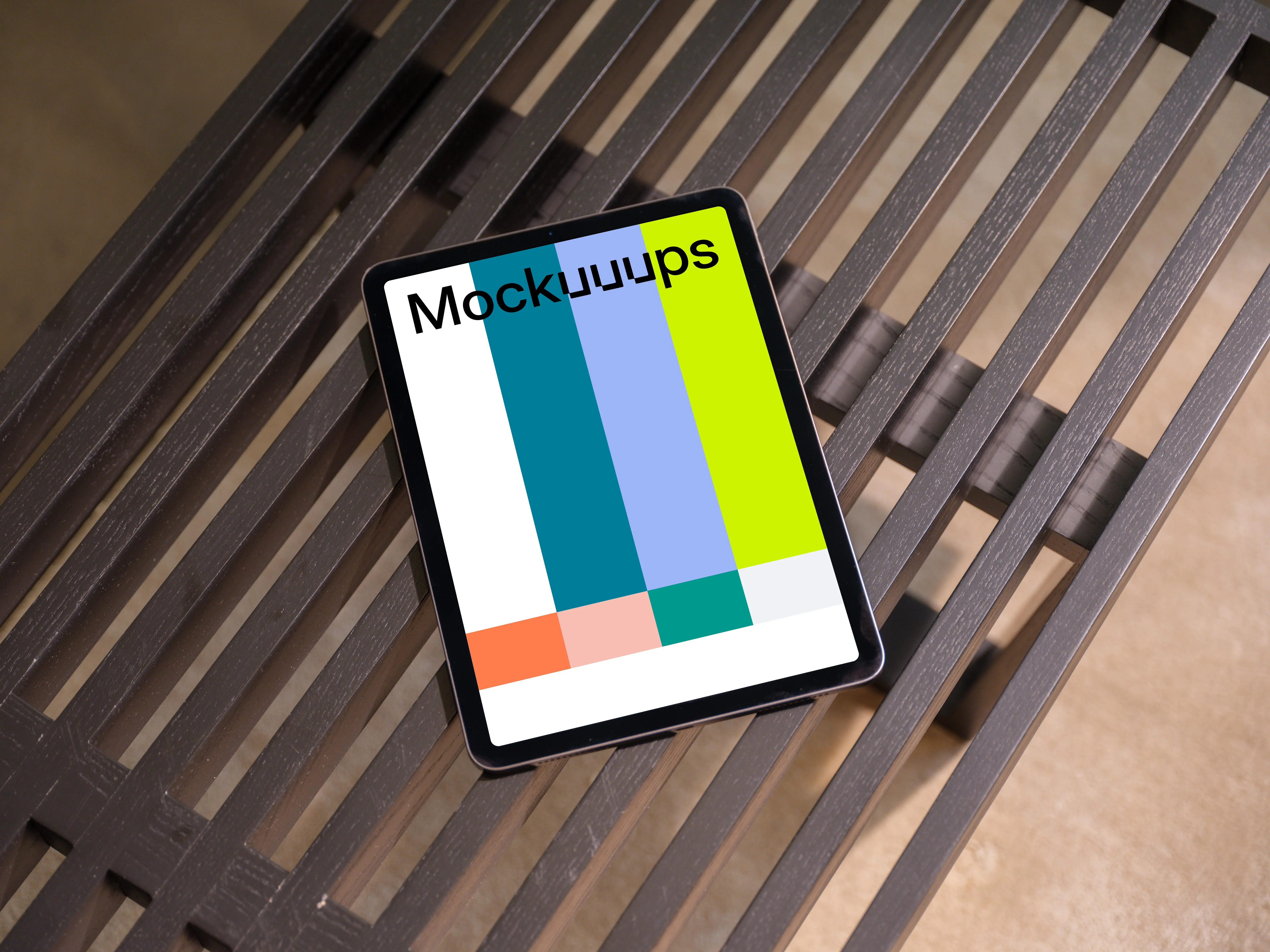 iPad Air mockup on modern wooden bench