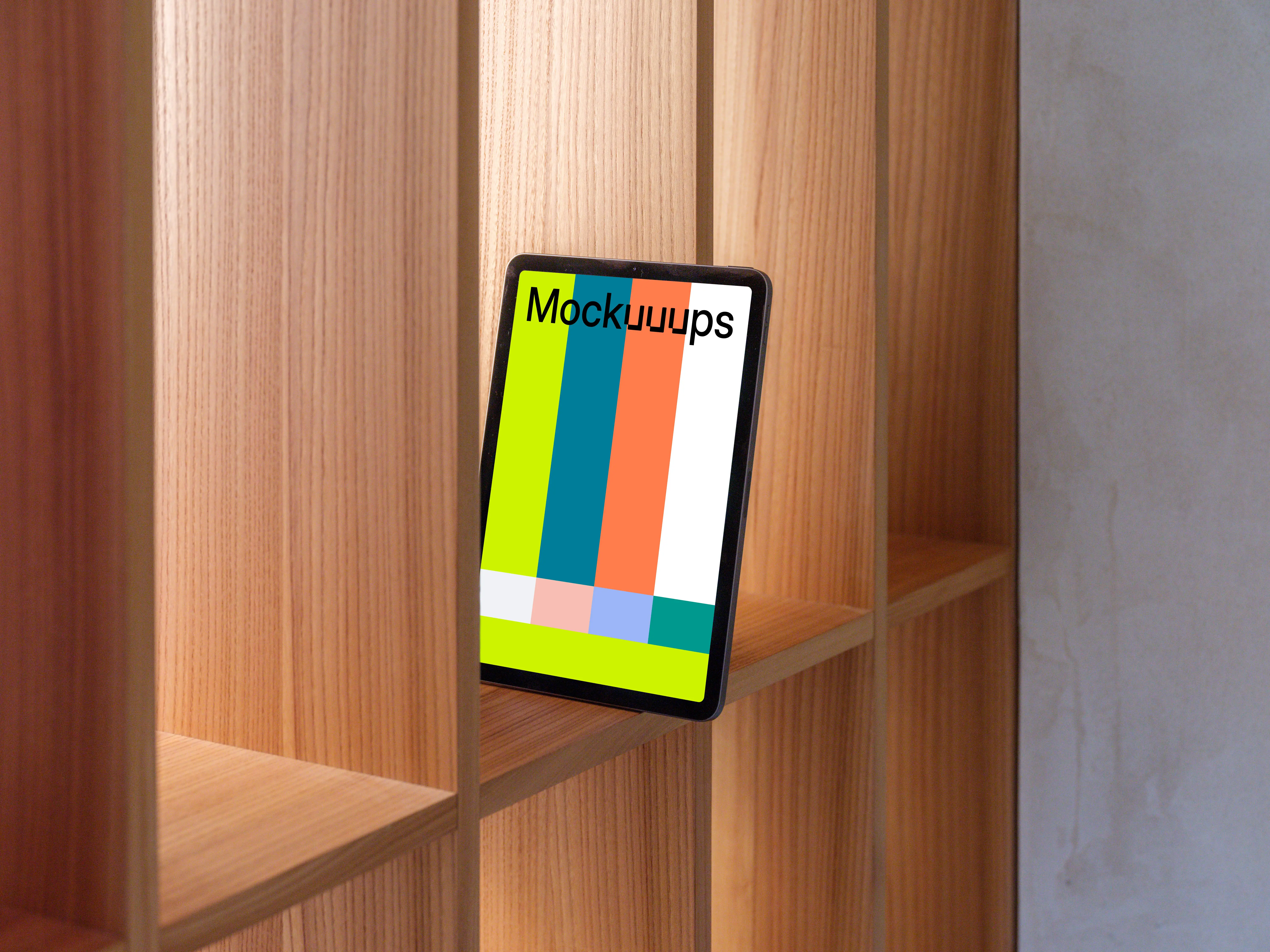 iPad Air mockup on wooden bookshelf
