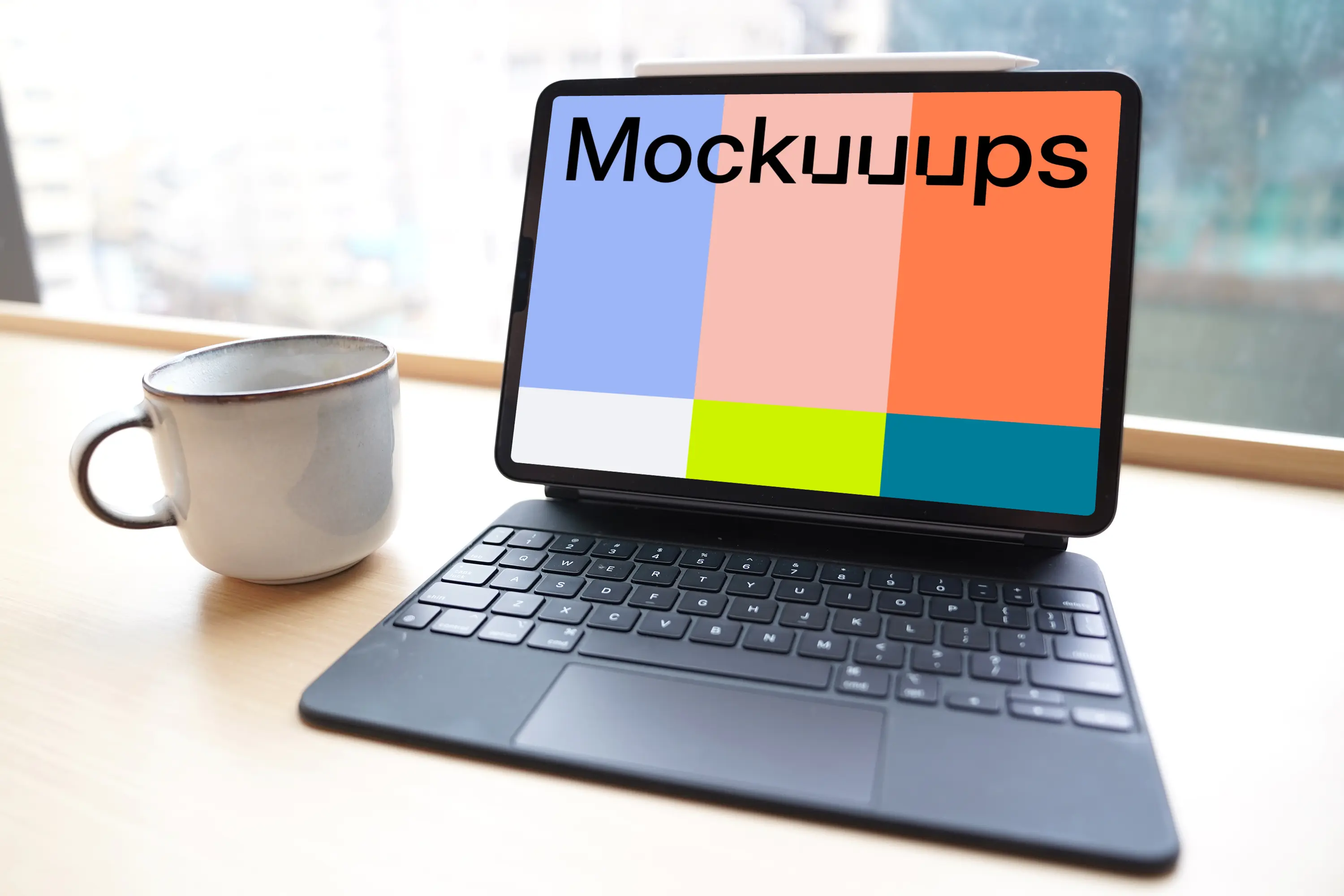 iPad mockup with a cup