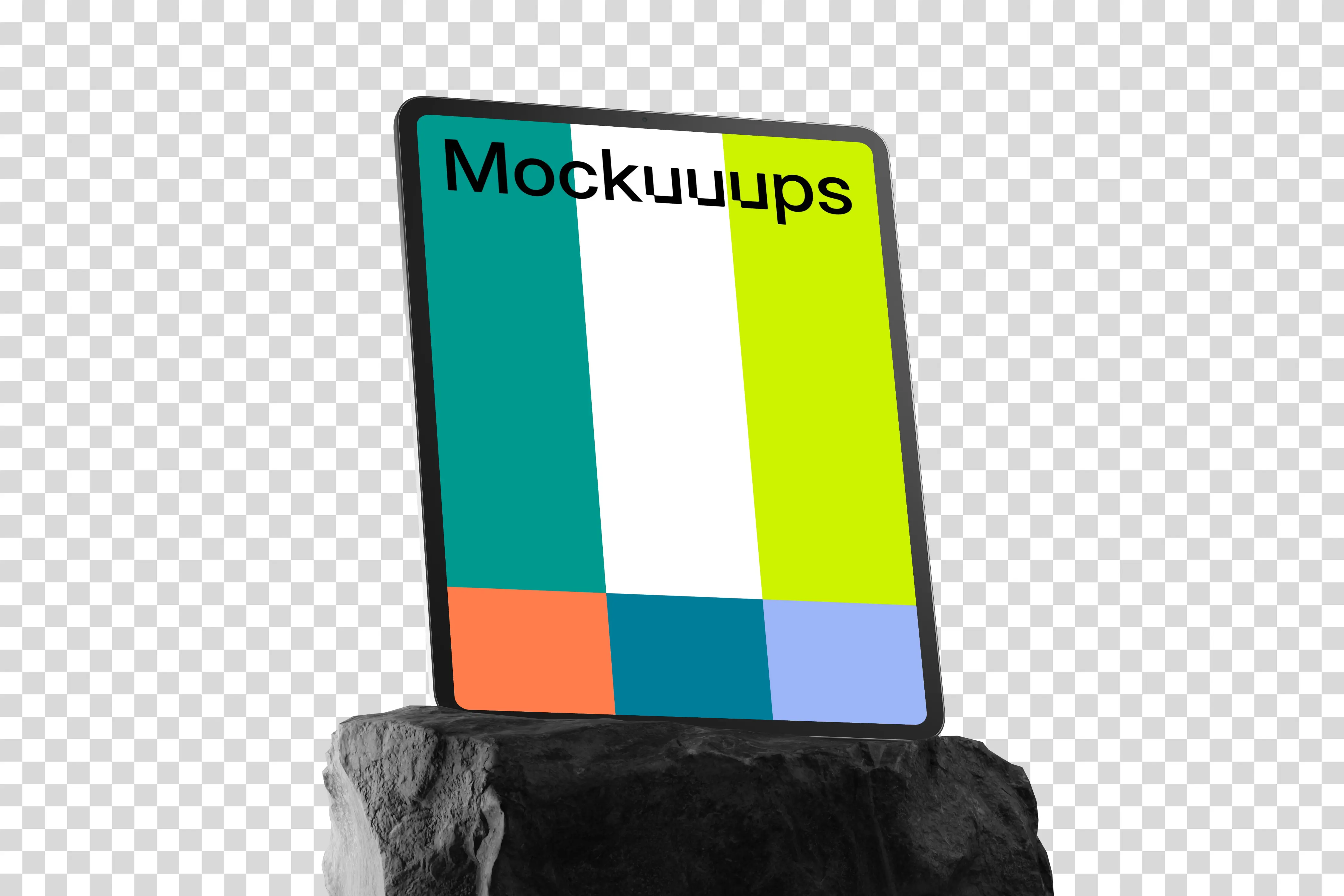 iPad Pro mockup on textured rock base with dramatic shadow