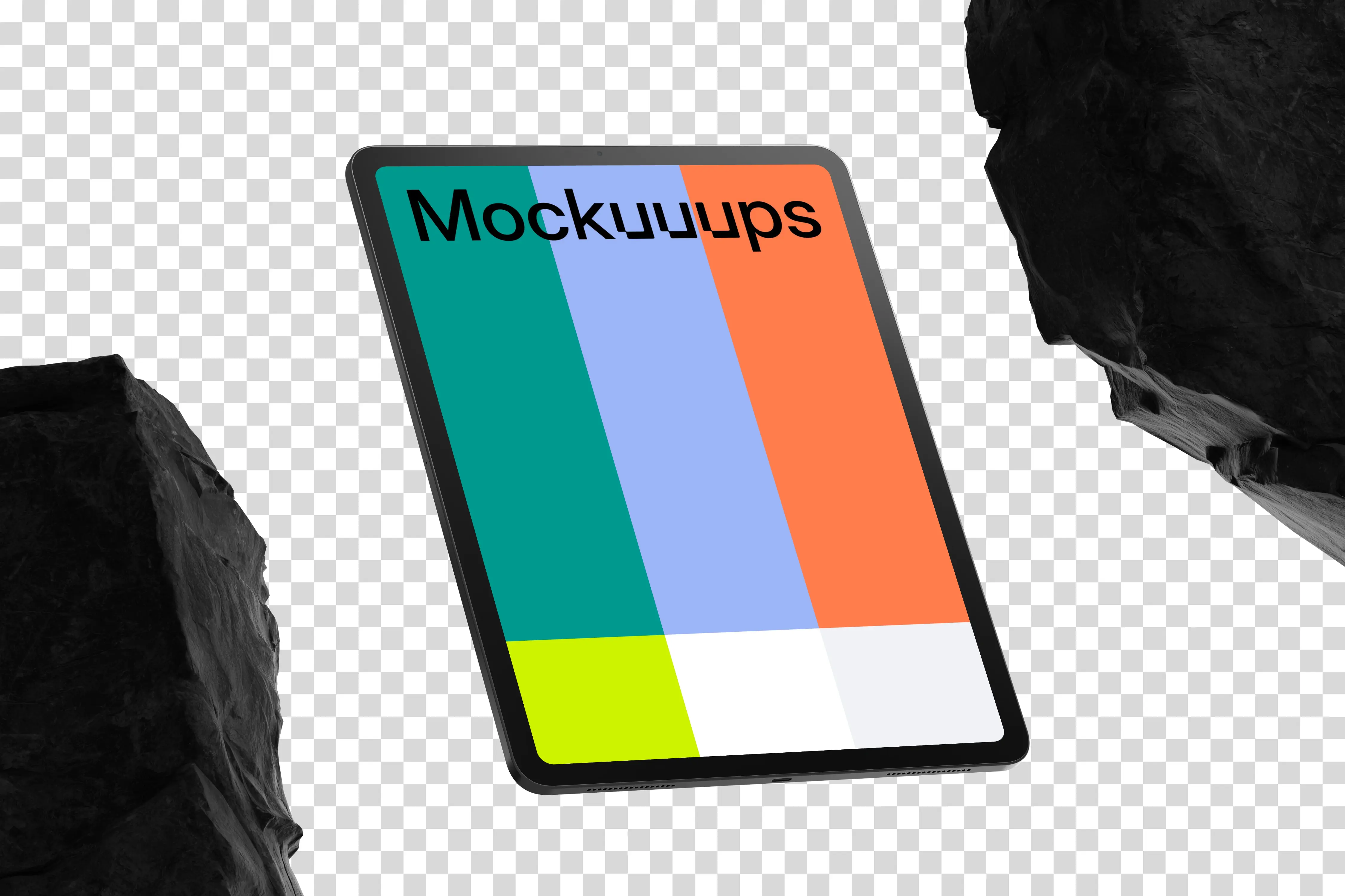 iPad Pro mockup with rock elements and dynamic shadows