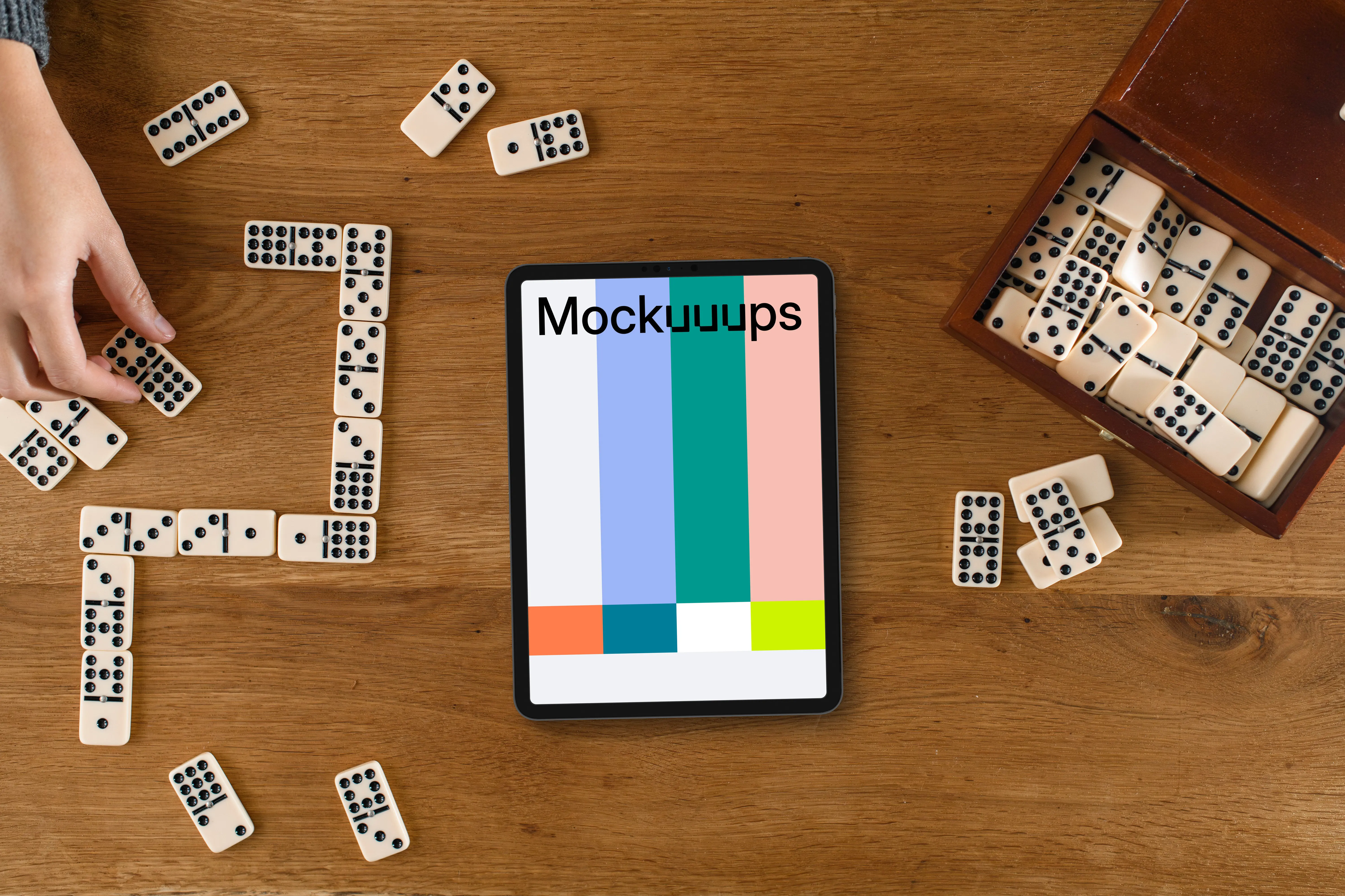 iPad showcase with dominoes around