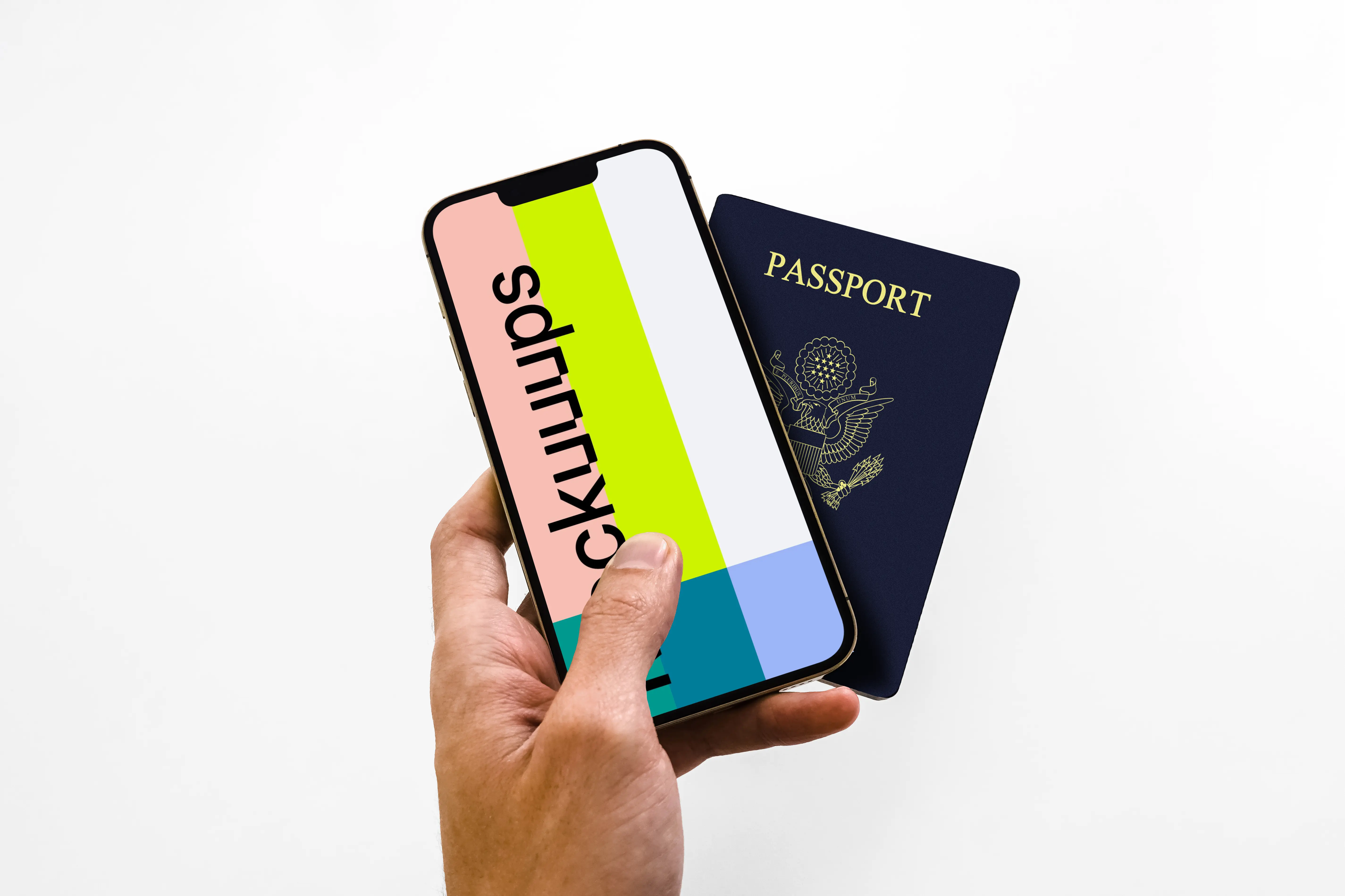 iPhone 13 mockup and US passport held by user