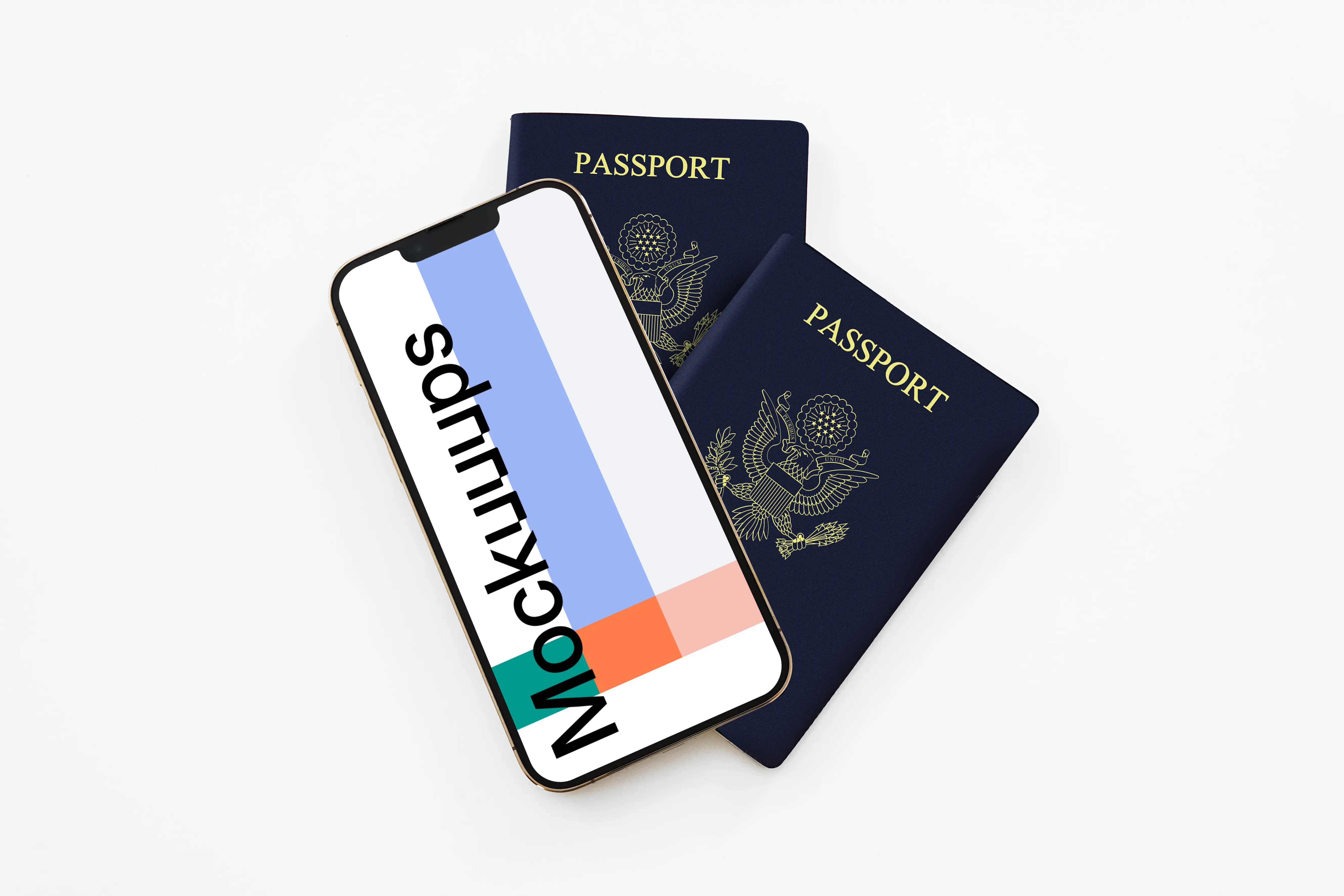 iPhone 13 mockup placed on two US passports 