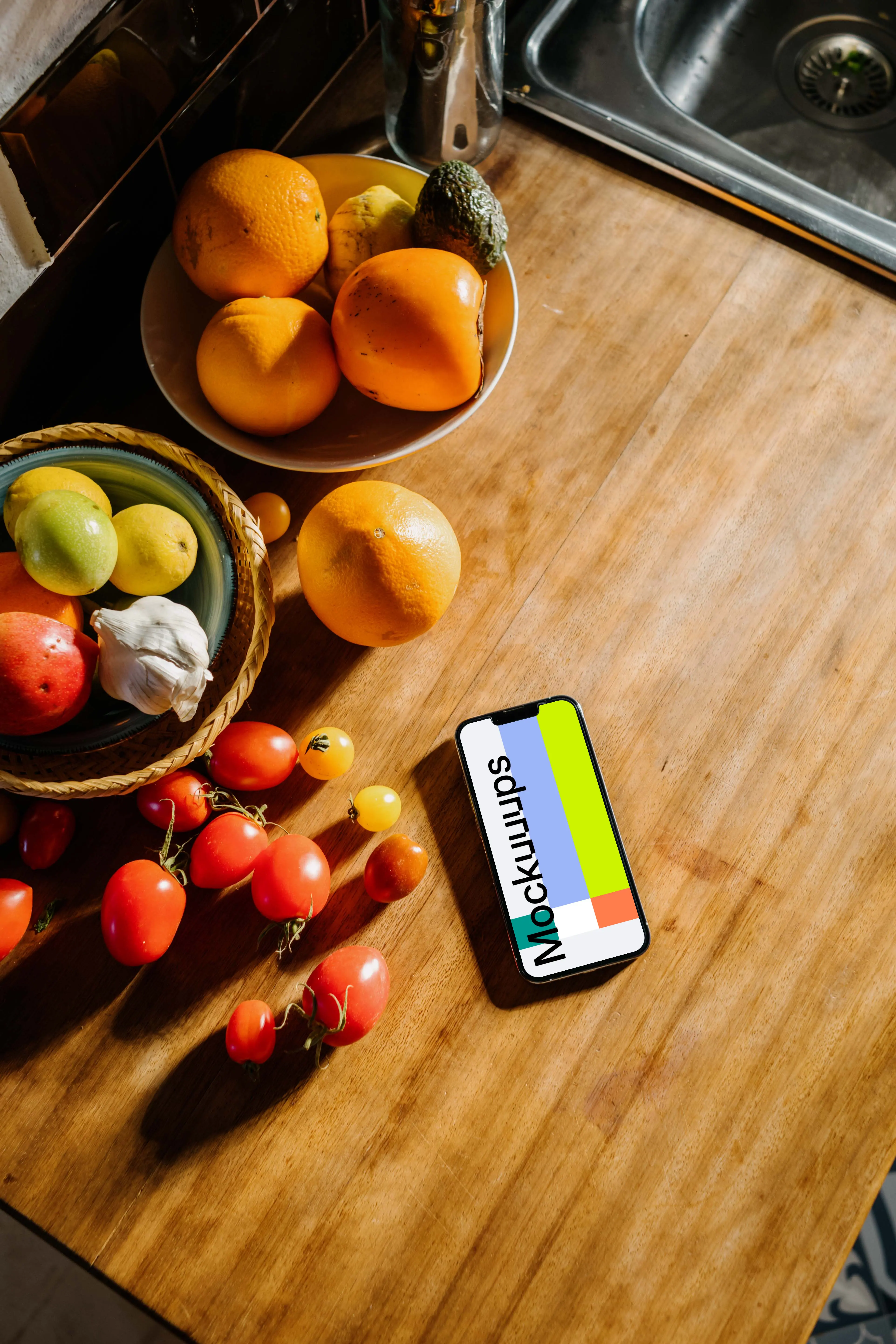 iPhone 13 Pro mockup on a table next to a bowl of fruits