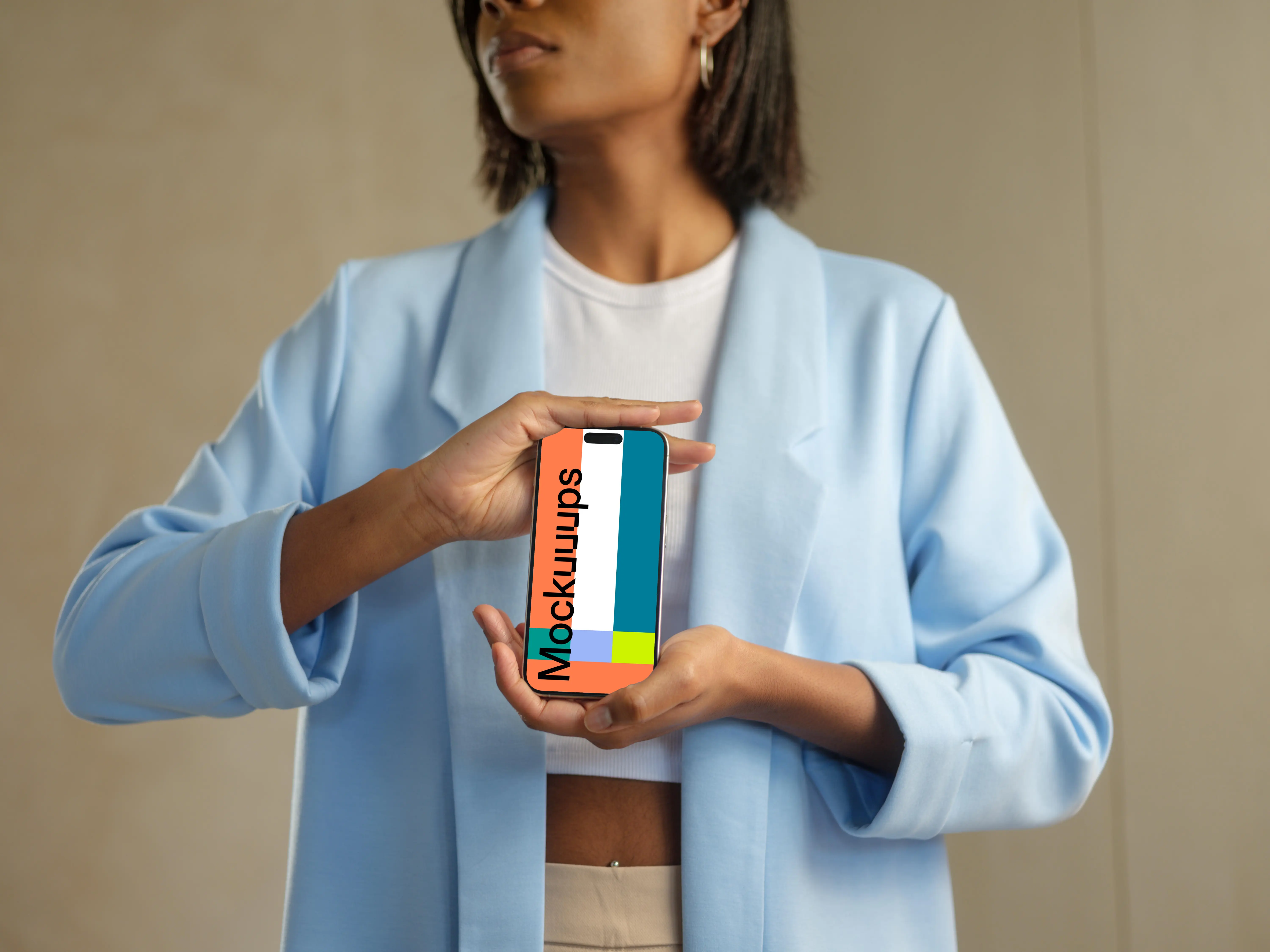 iPhone 15 Pro mockup in a woman's hands