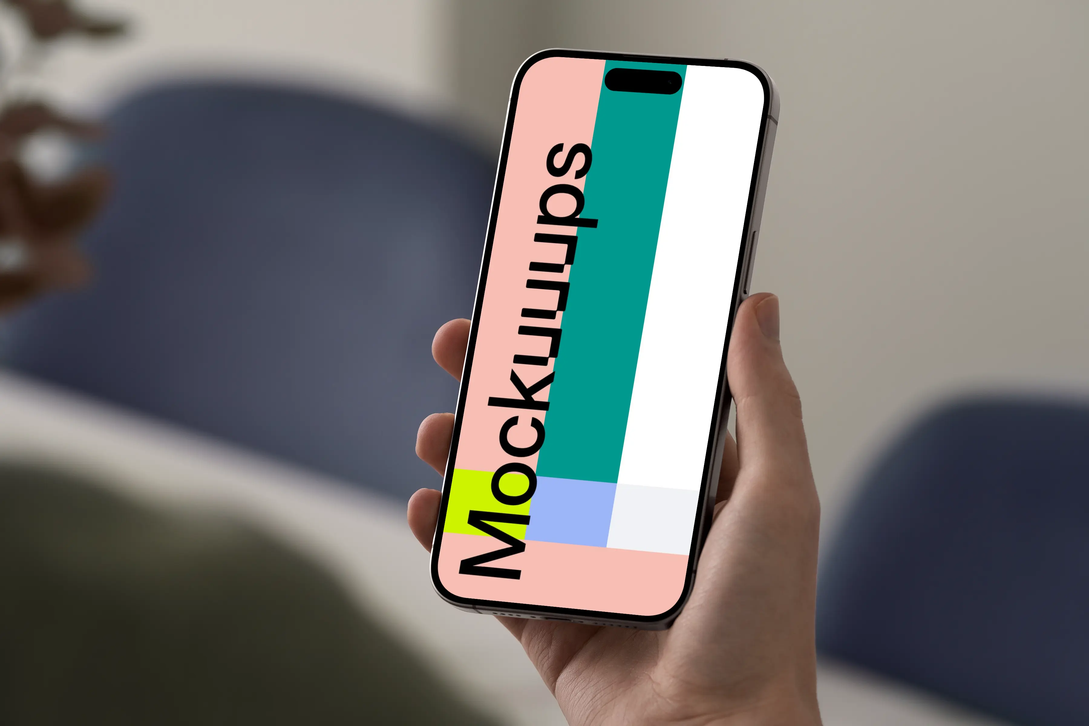 iPhone 15 Pro mockup in hand against blurred background