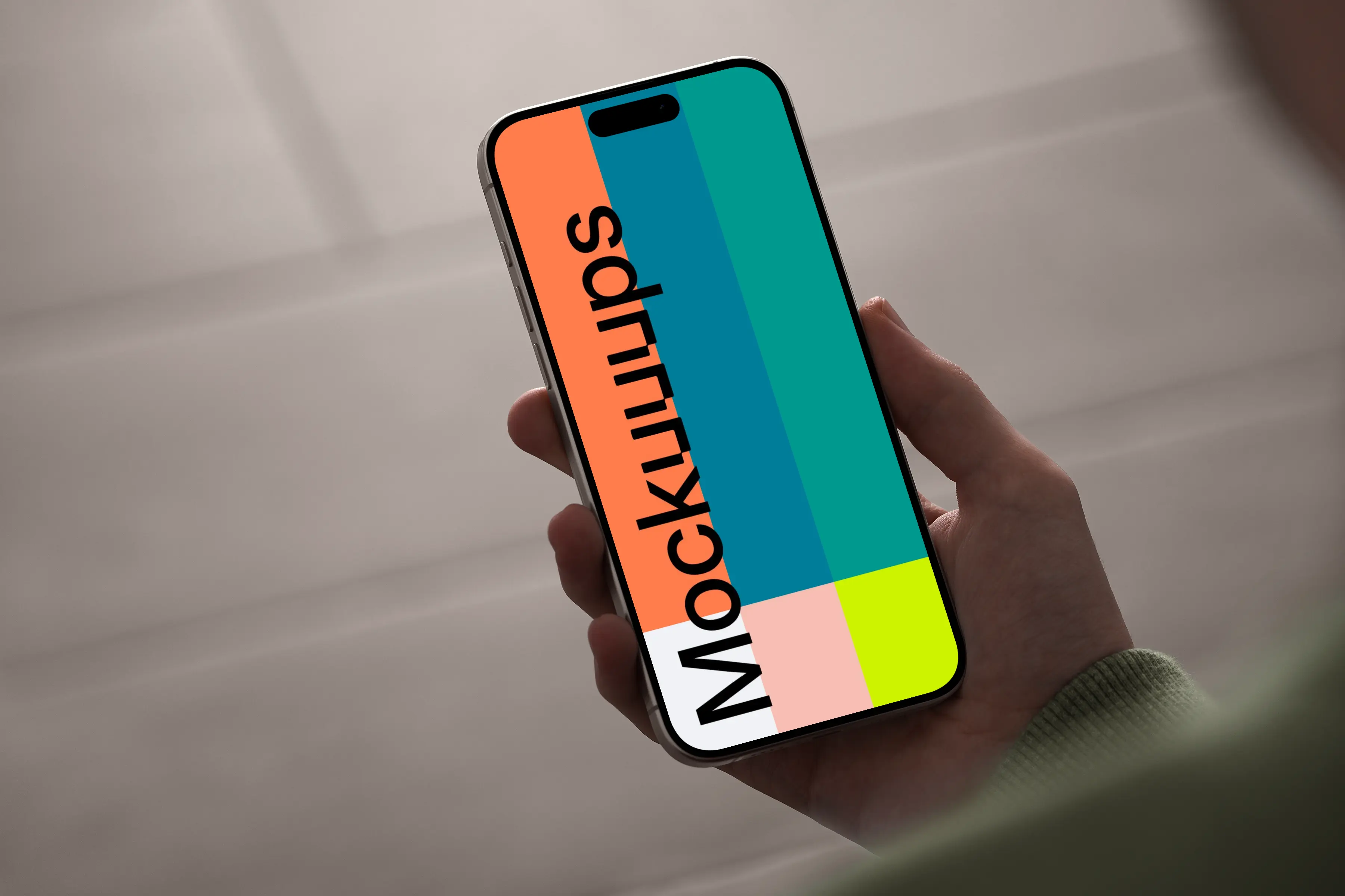 iPhone 15 Pro mockup in hand with neutral background