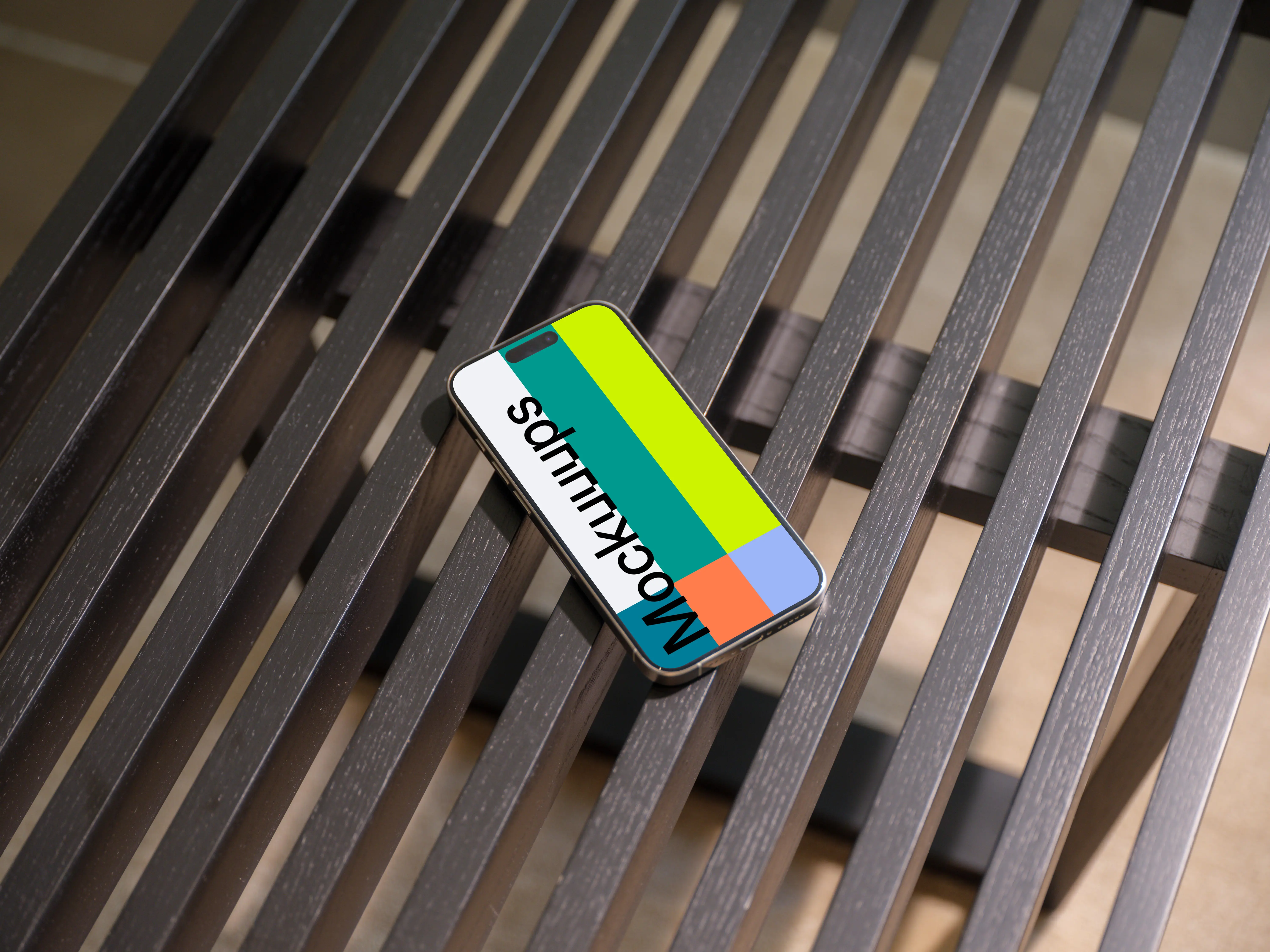 iPhone 15 Pro mockup on modern wooden bench