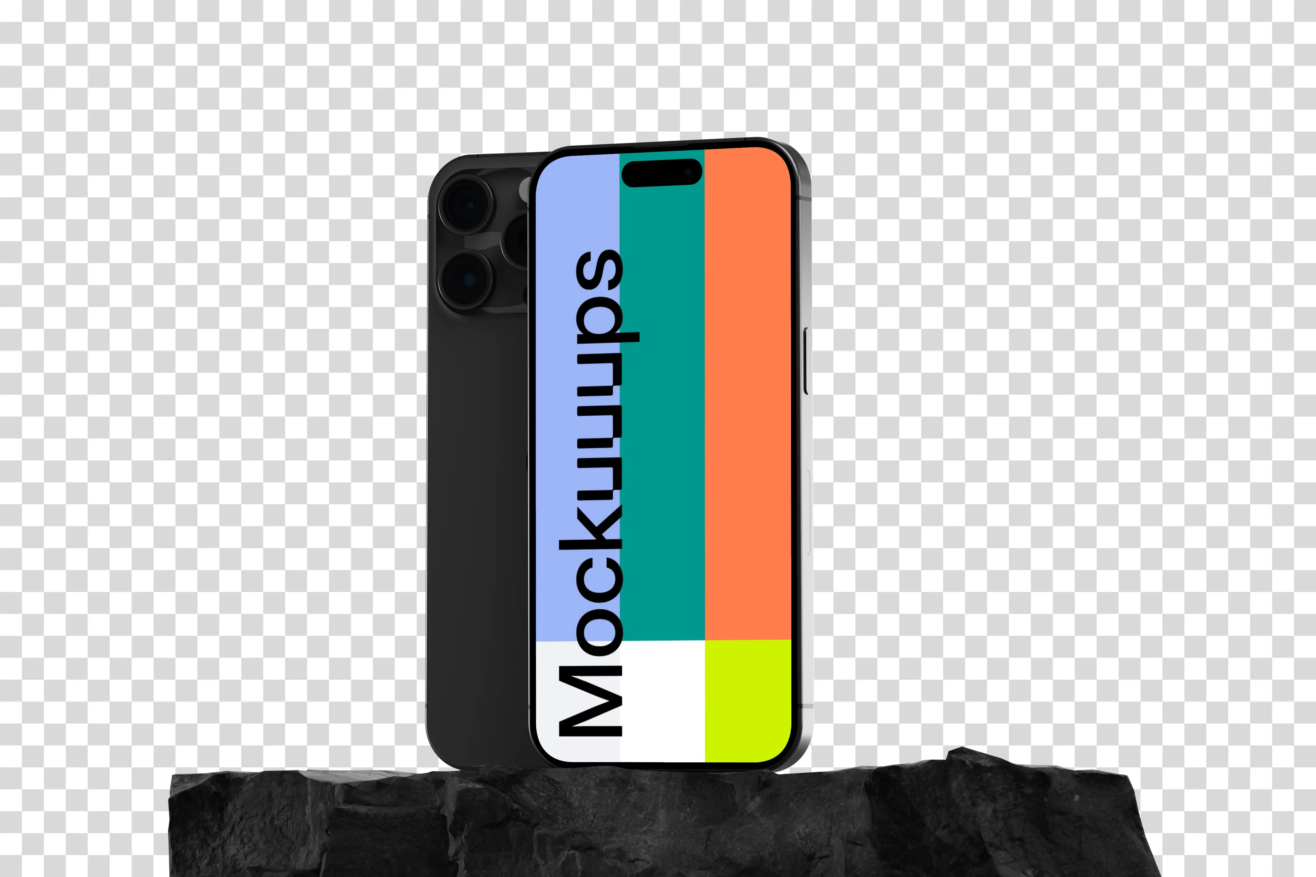 iPhone 15 Pro mockup on textured rock platform