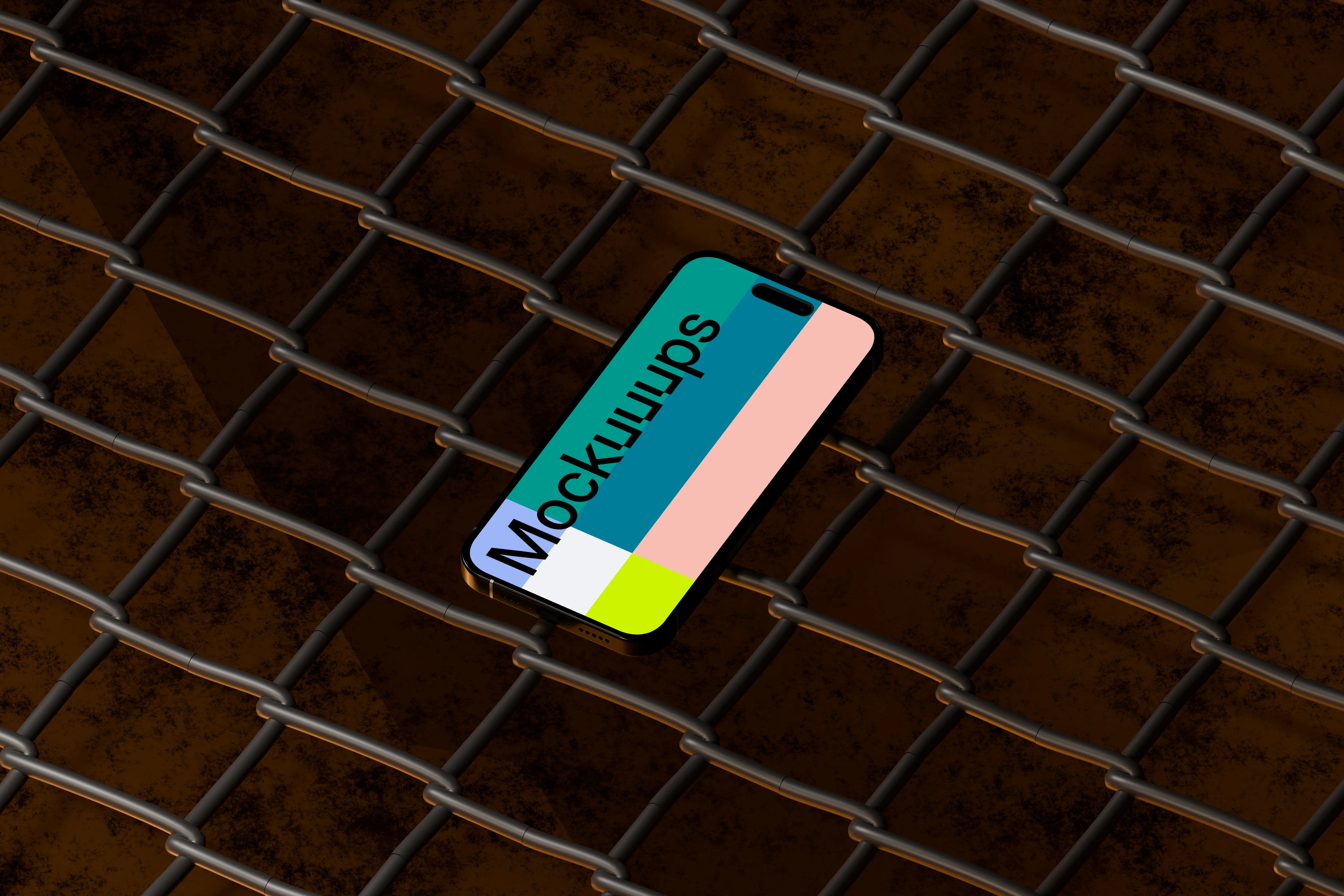 iPhone 16 mockup on a metal grid surface