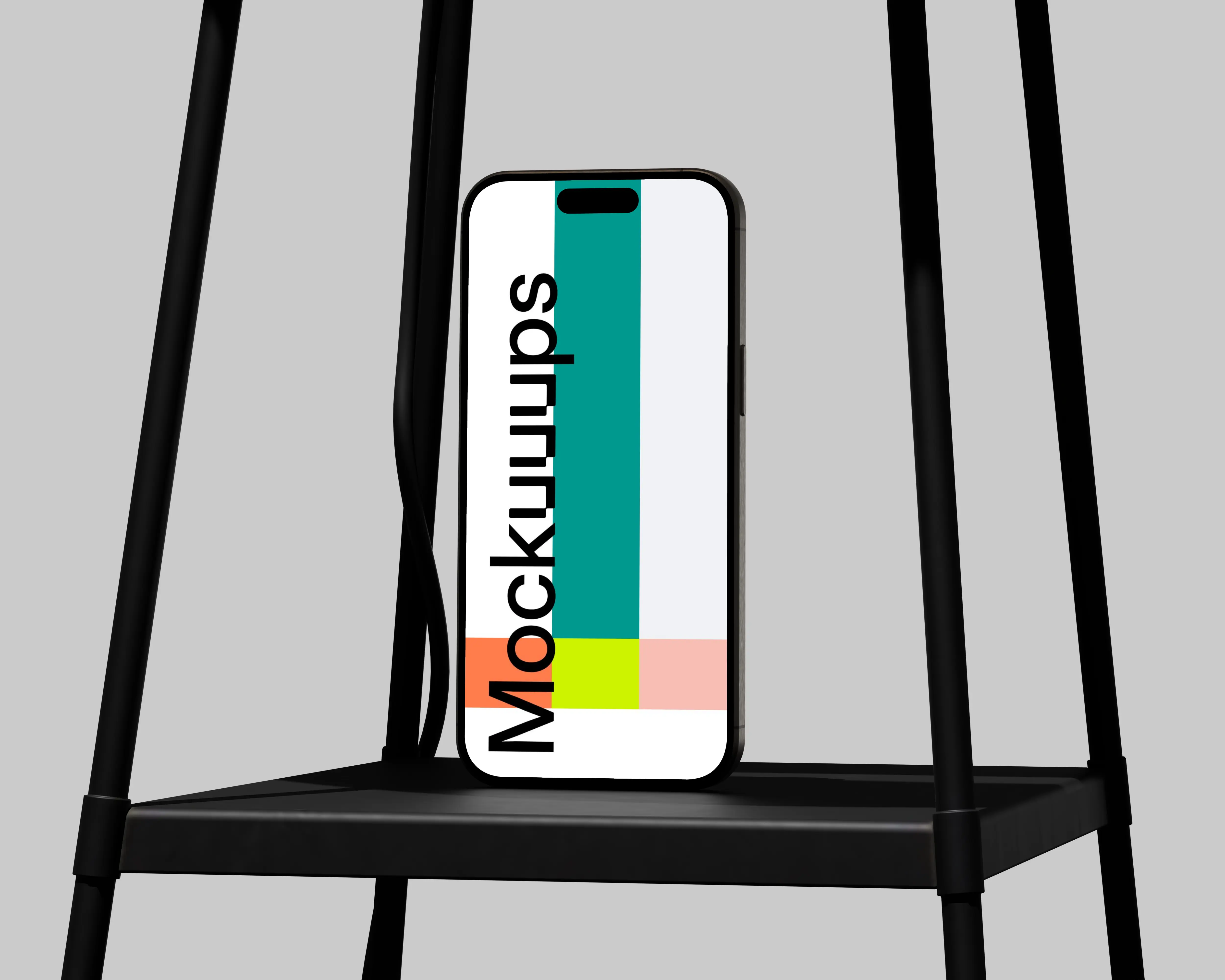 iPhone 16 mockup on a metal stand