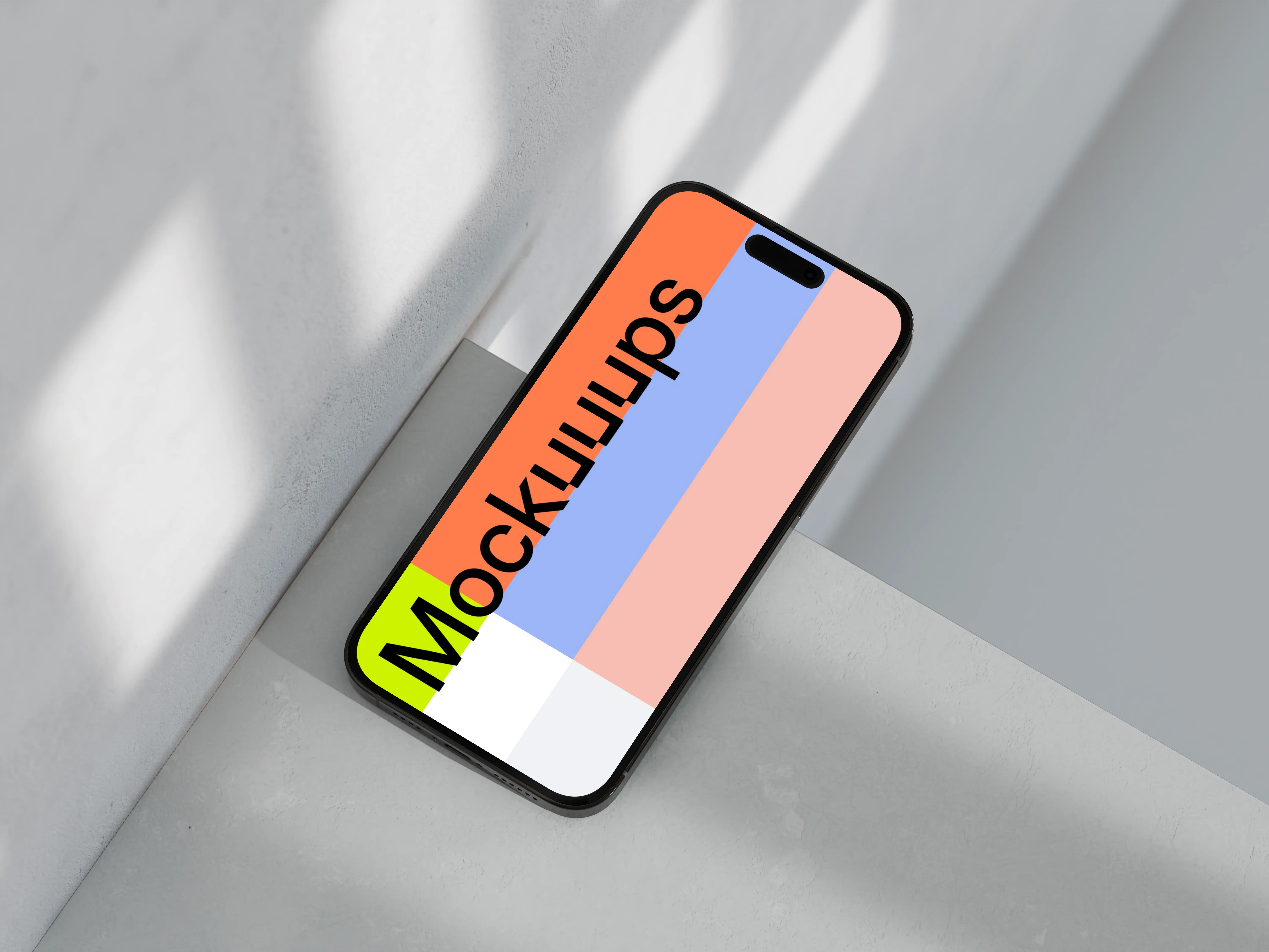 iPhone 16 mockup on marble with shadows