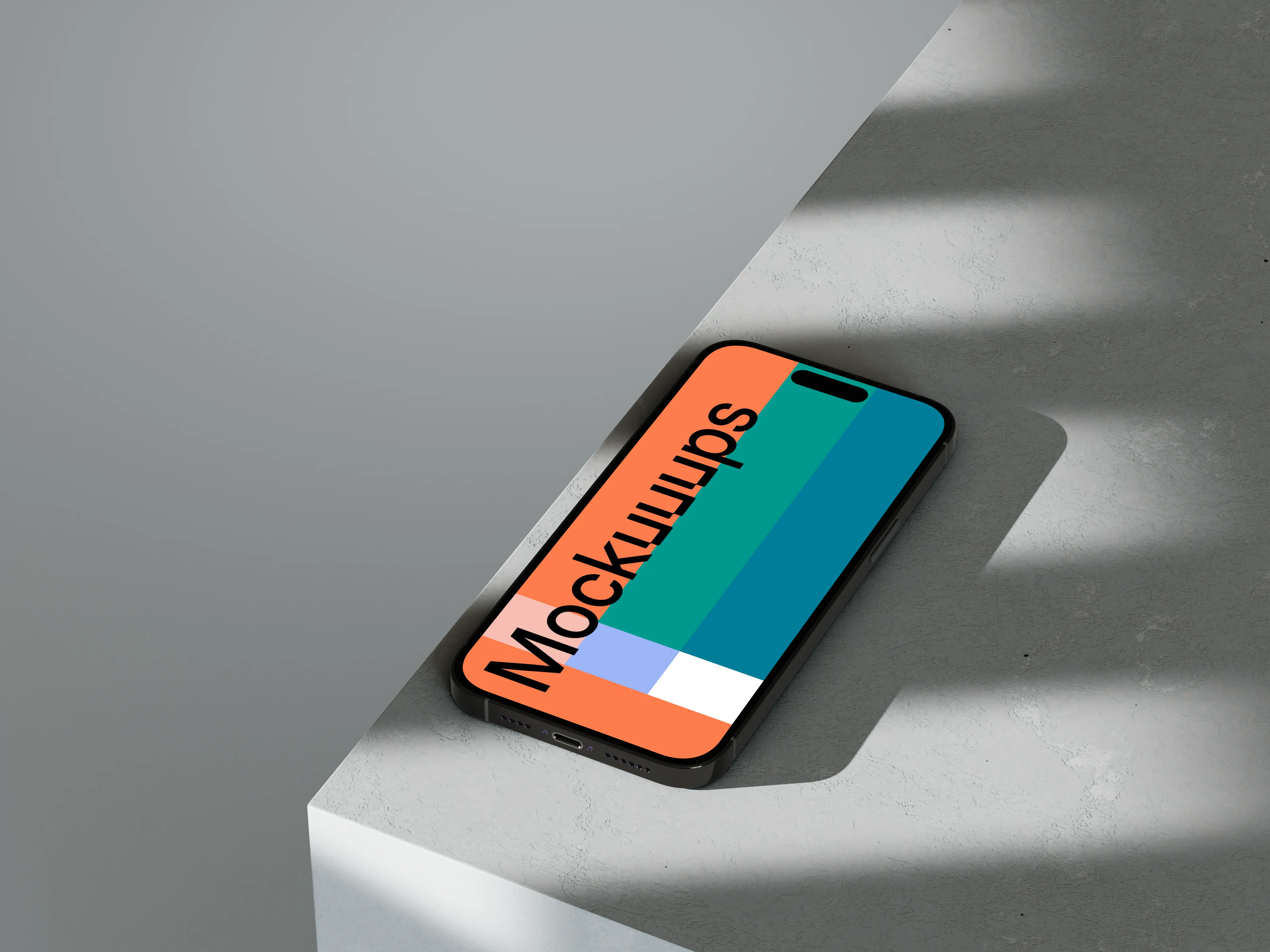 iPhone 16 mockup on textured marble with dynamic shadows