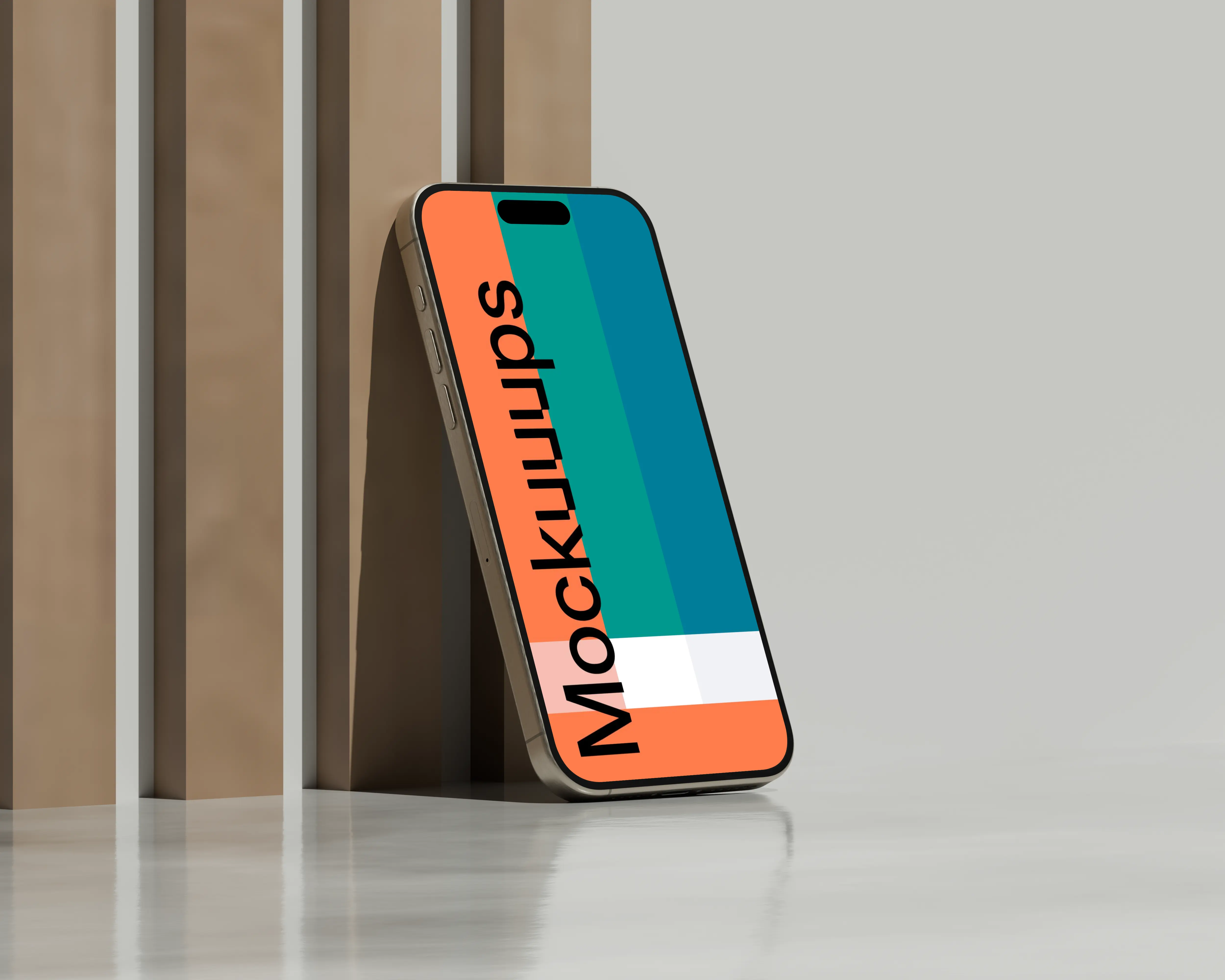 iPhone 16 mockup standing on reflective surface with geometric backdrop