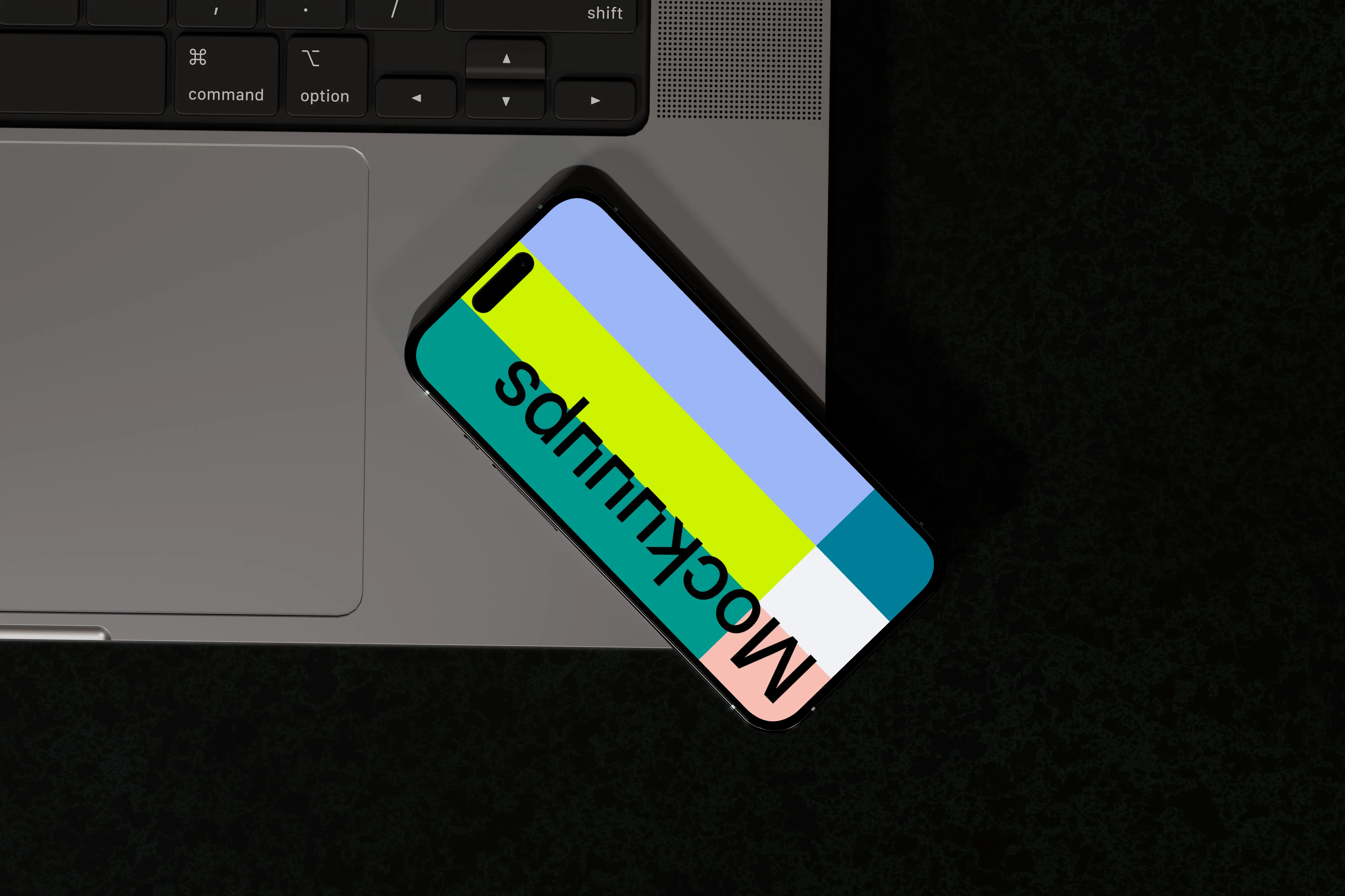 iPhone 16 mockup with laptop angle view
