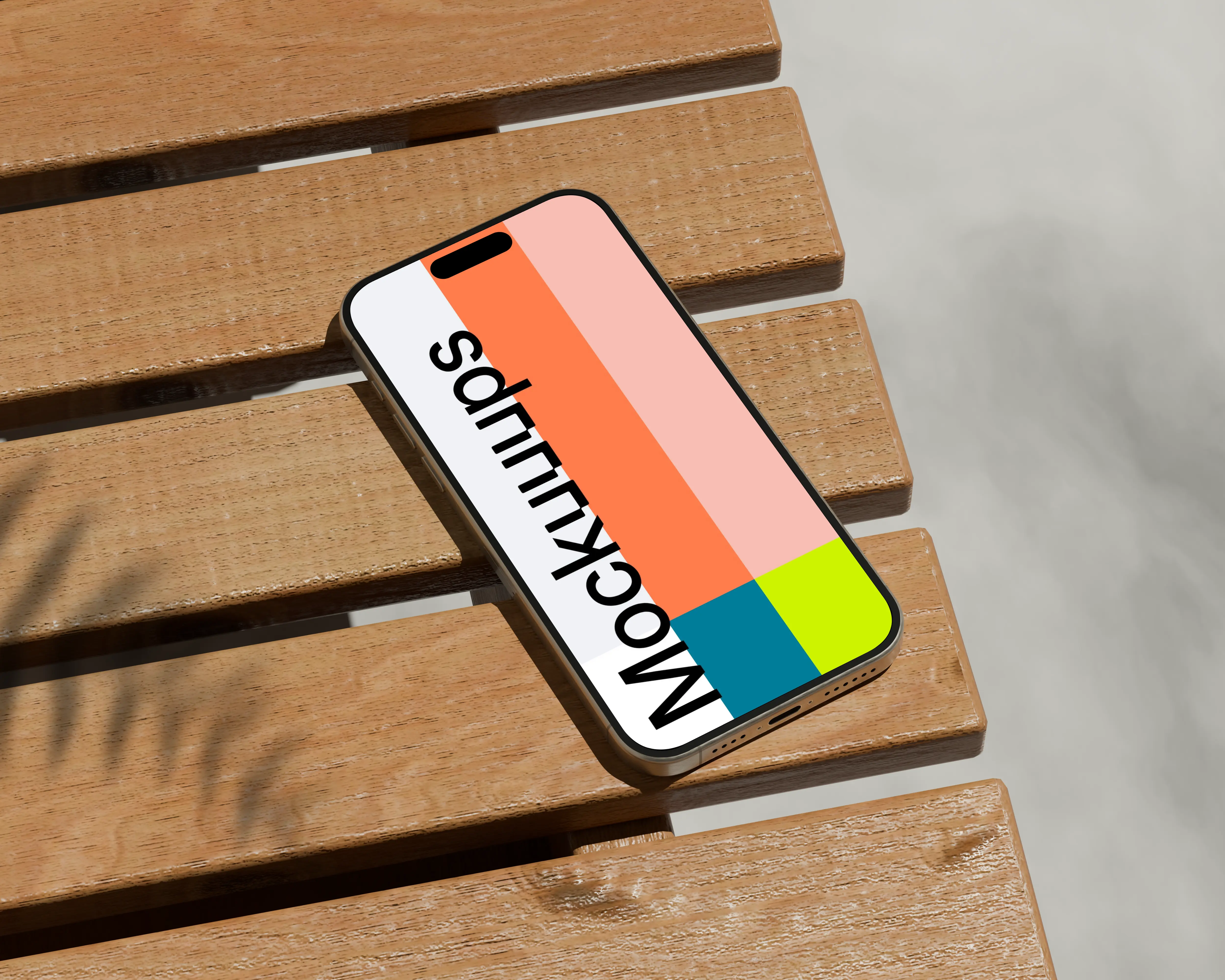 iPhone 16 mockup with shadows on wooden slats