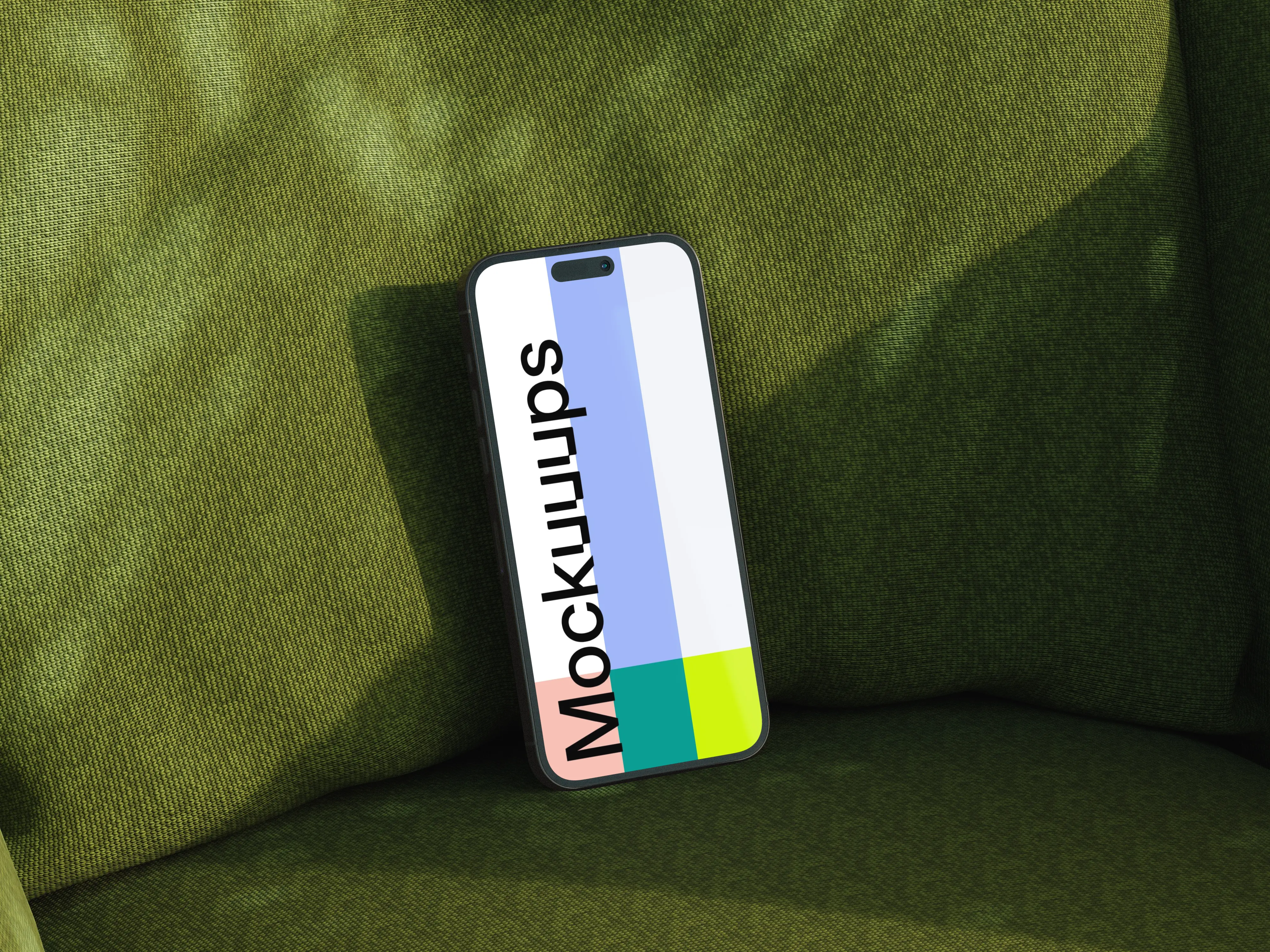 iPhone mockup on green textured fabric