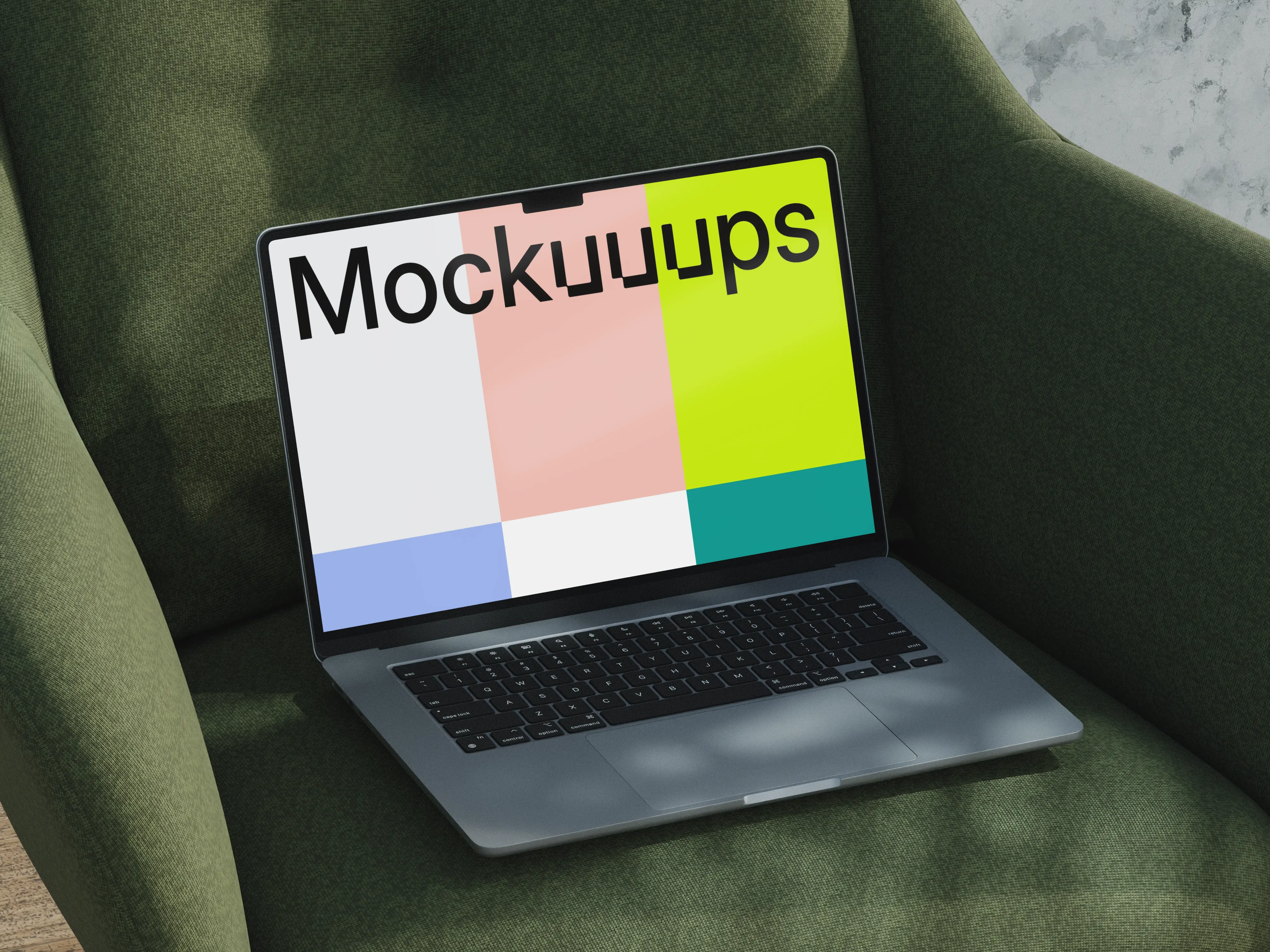 MacBook Air mockup on a green armchair
