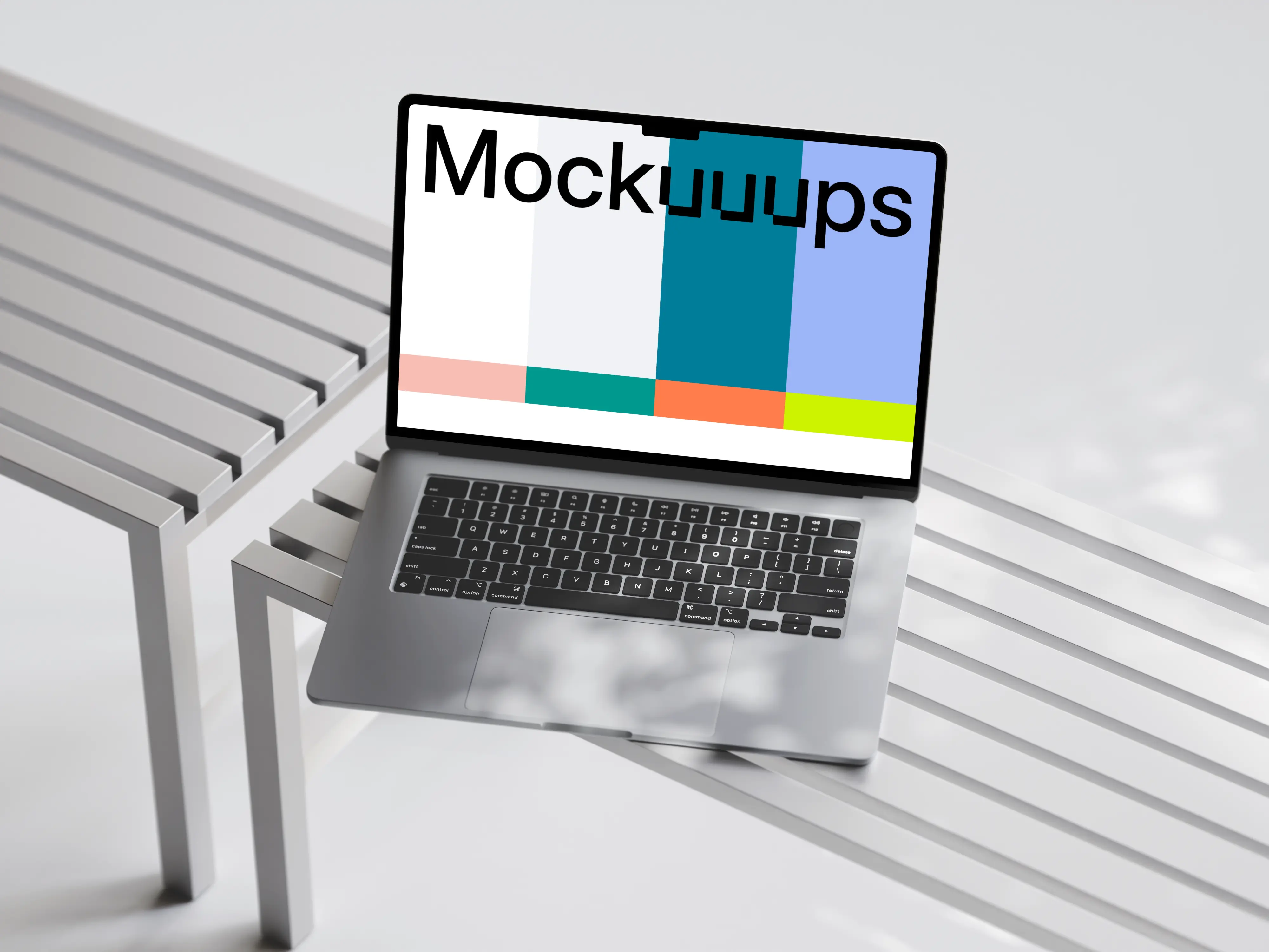 MacBook Air mockup on a modern slatted bench