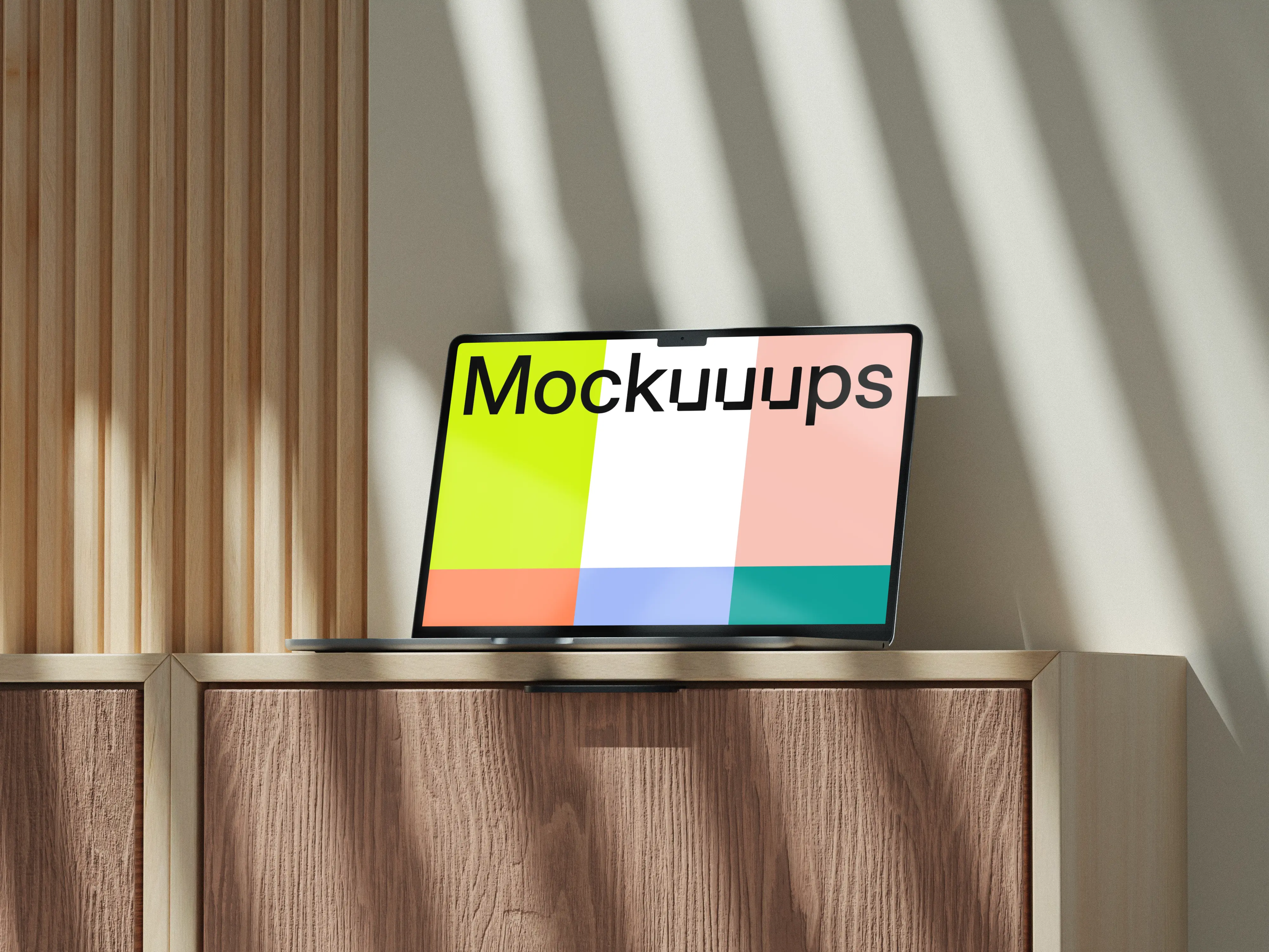 MacBook Air mockup on a wooden cabinet with natural light