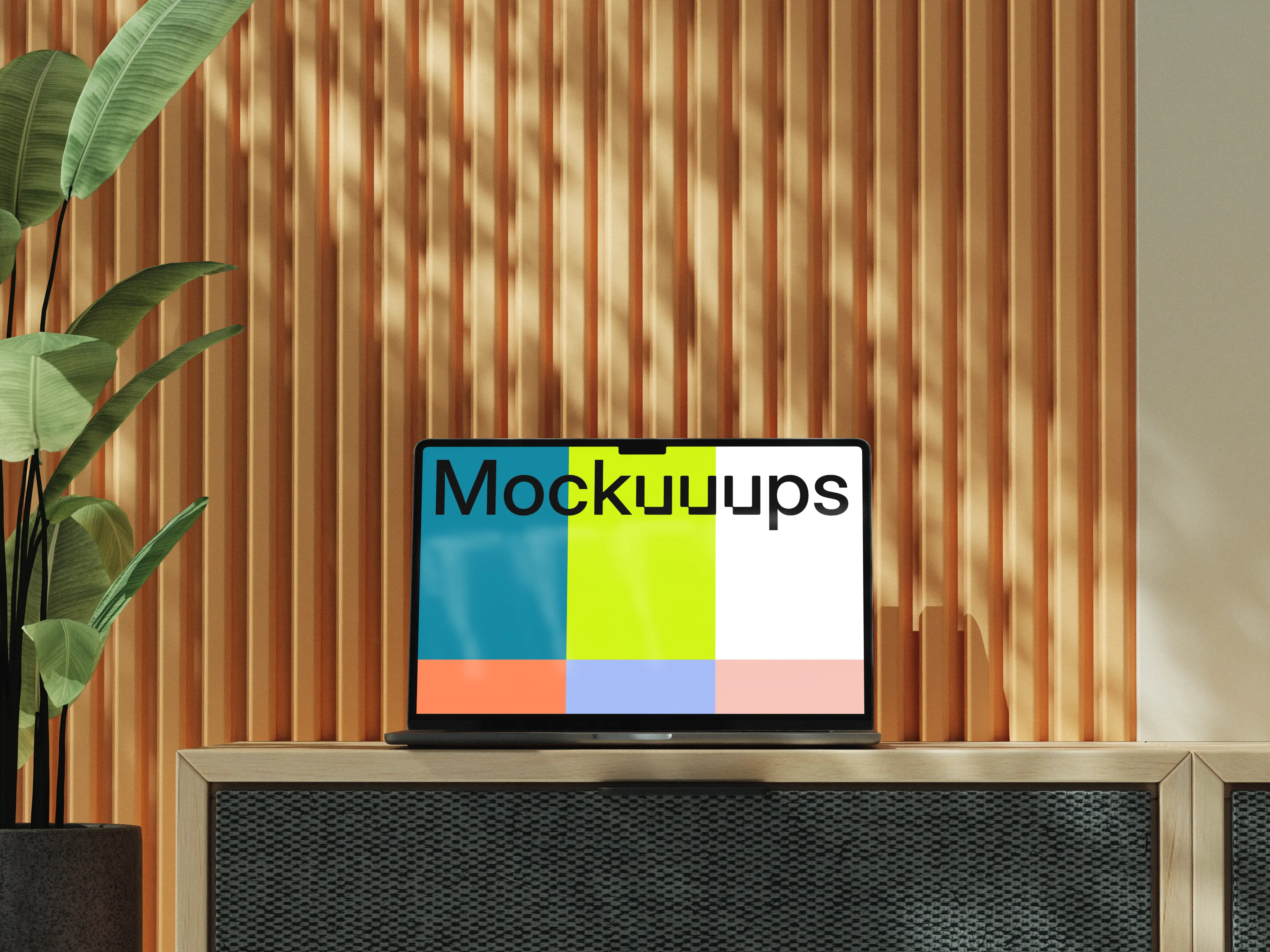 MacBook Air mockup on a wooden console