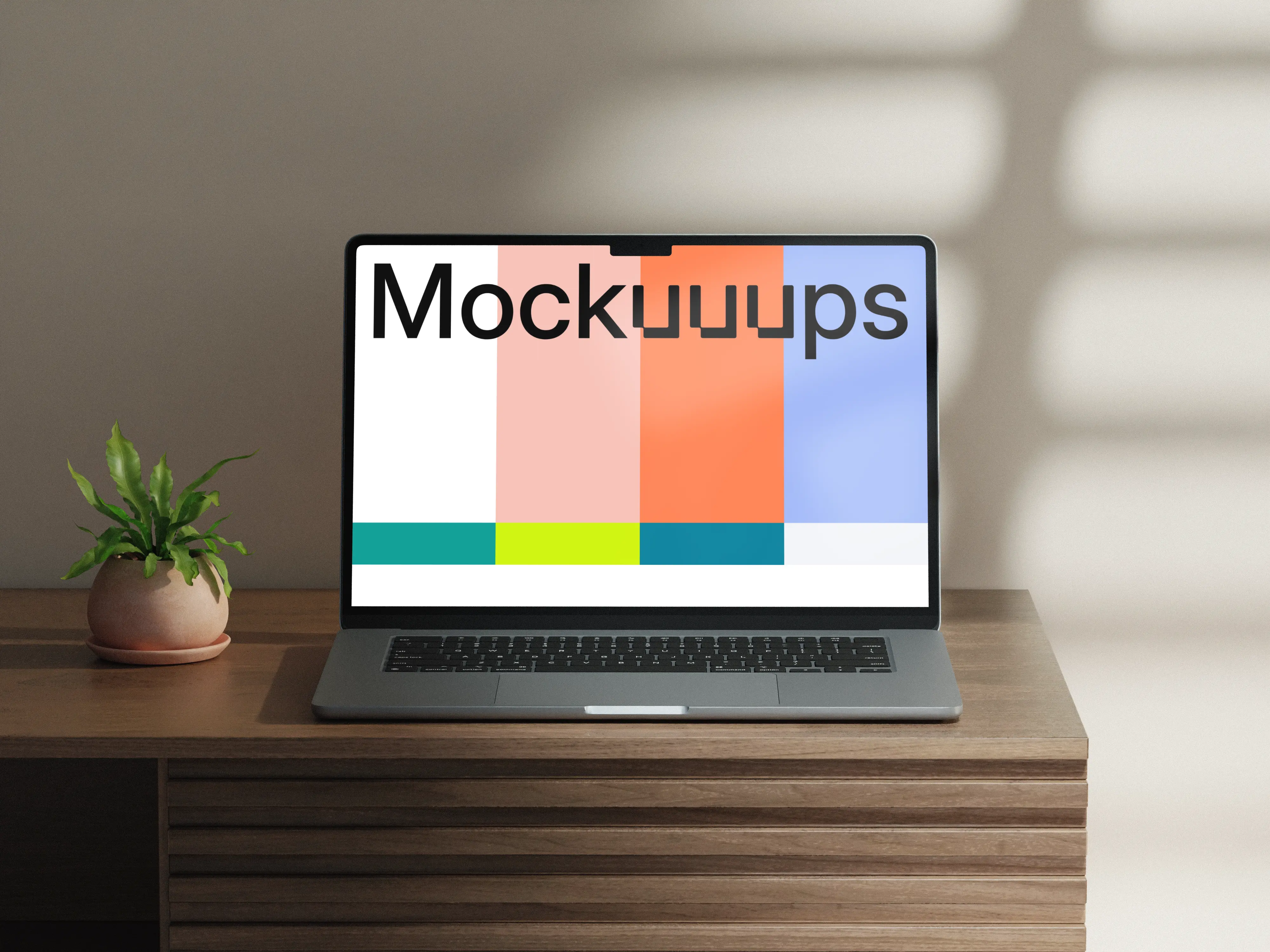 MacBook Air mockup on a wooden desk with a potted plant