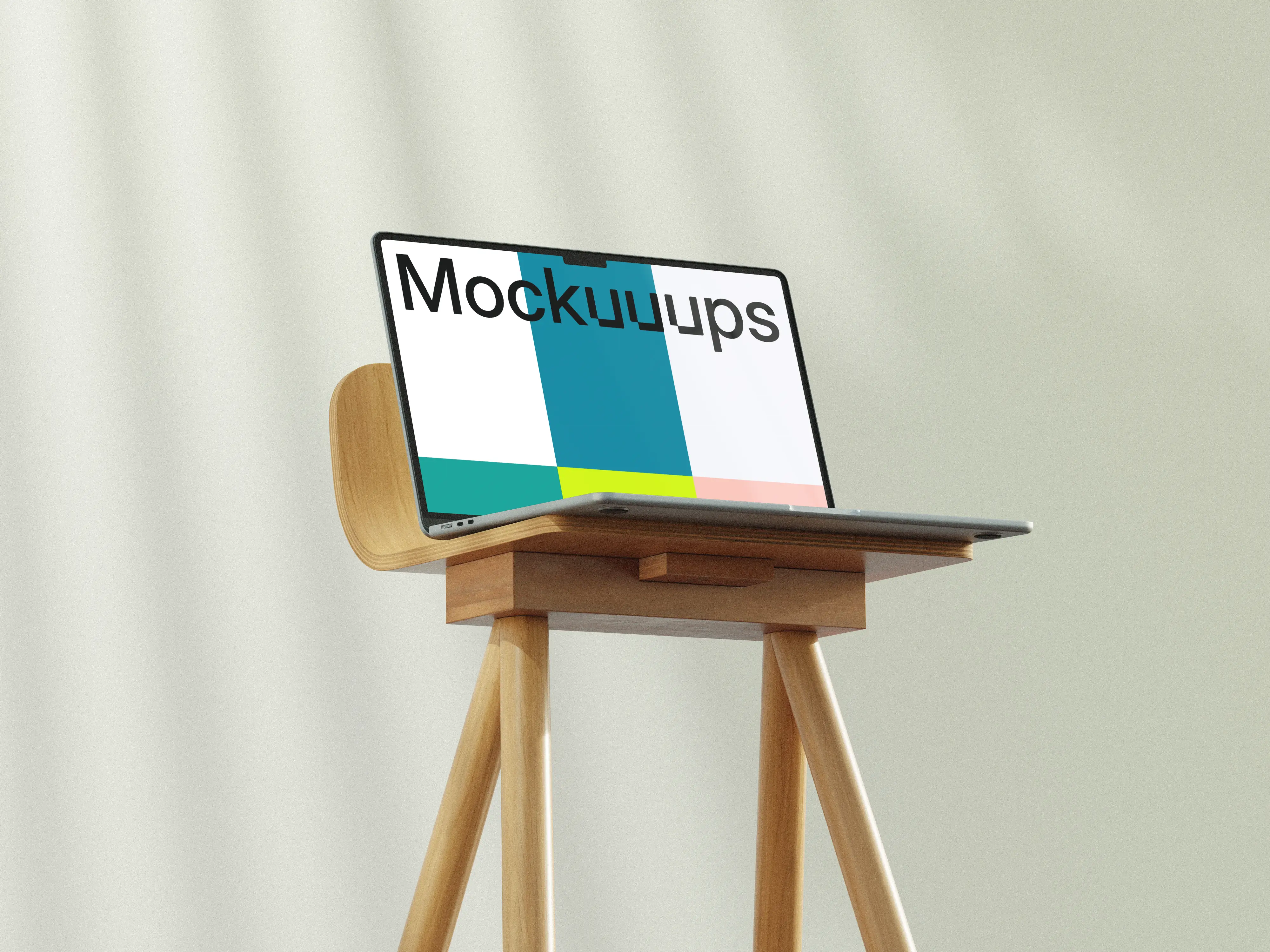 MacBook Air mockup on a wooden stand in soft lighting