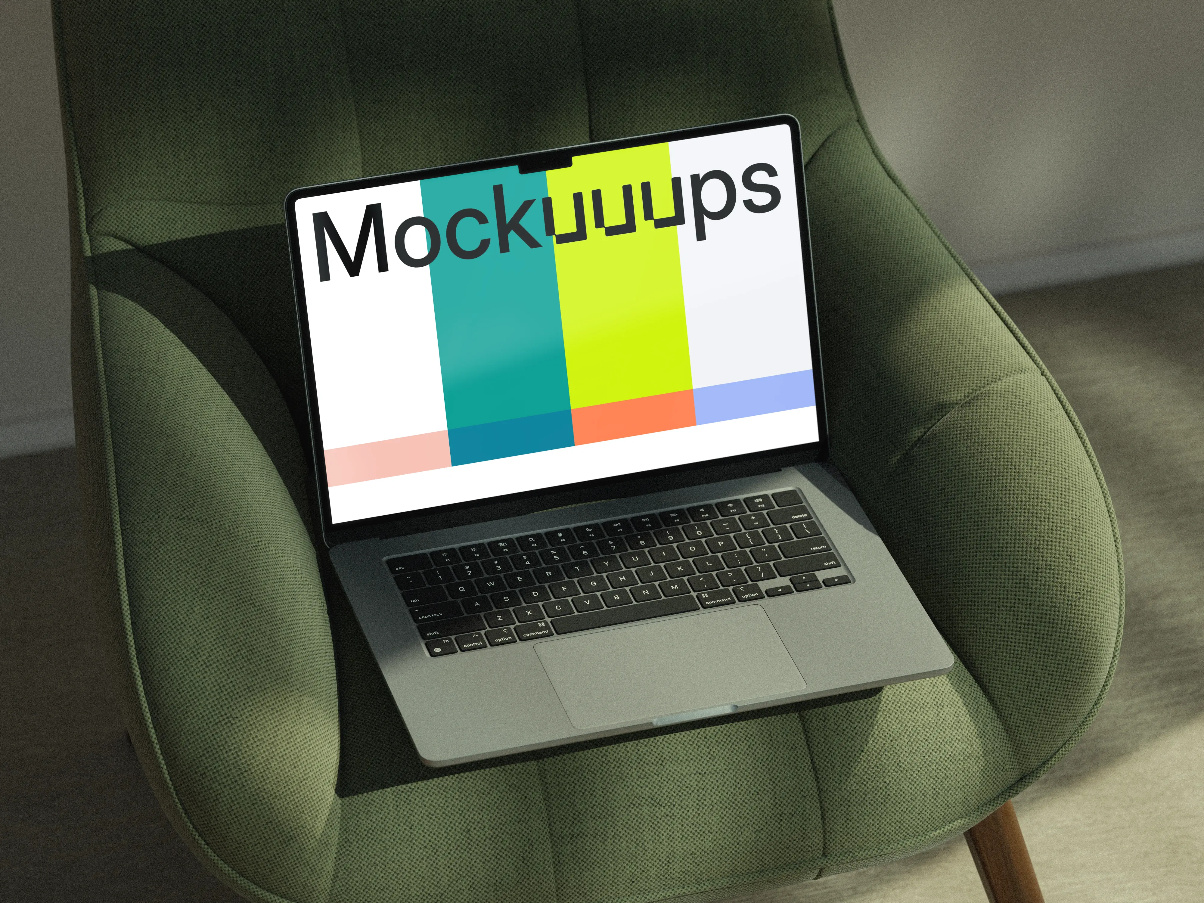 MacBook Air mockup on green chair in natural light