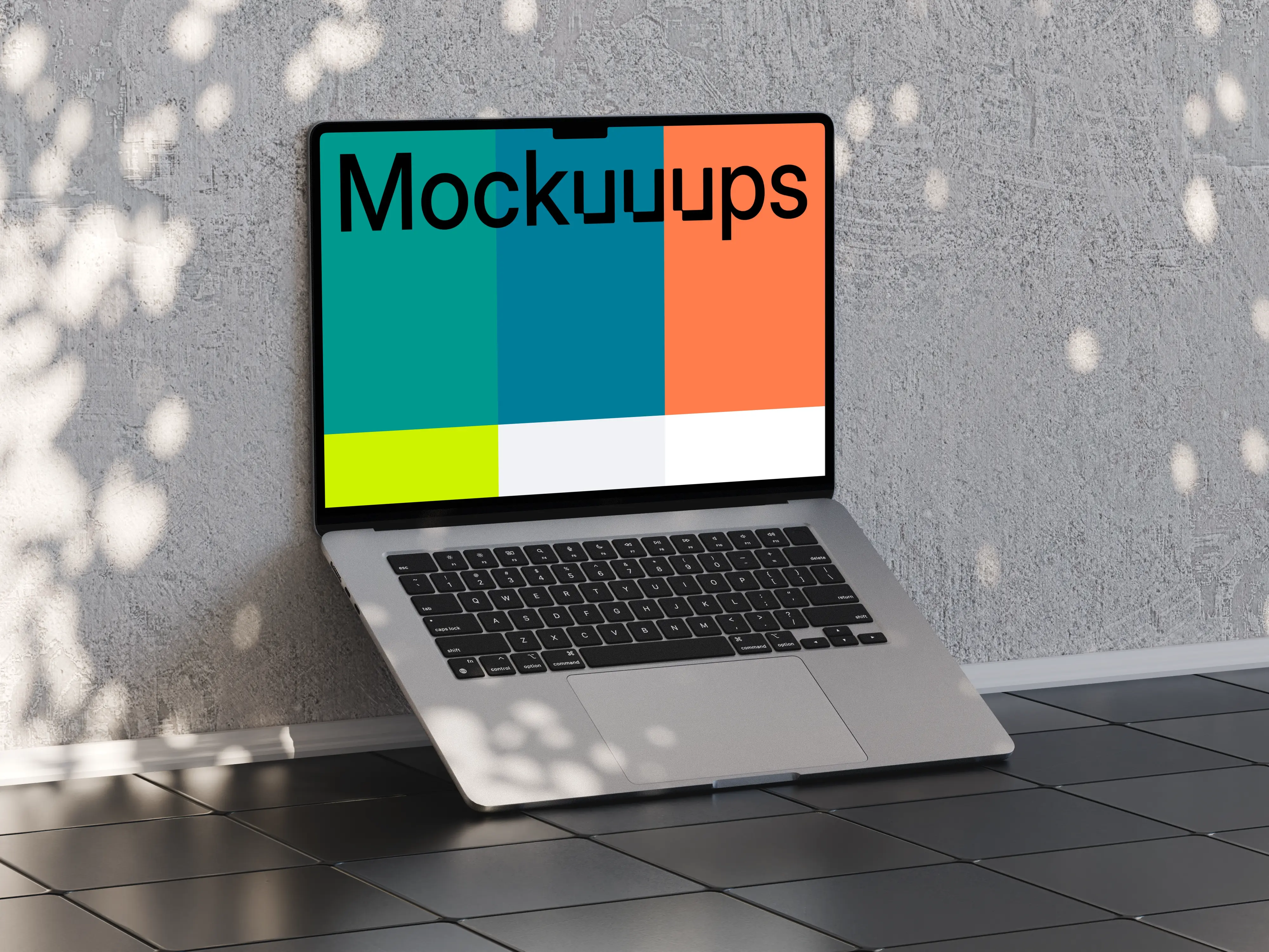 MacBook Air mockup on tiled floor with shadow play
